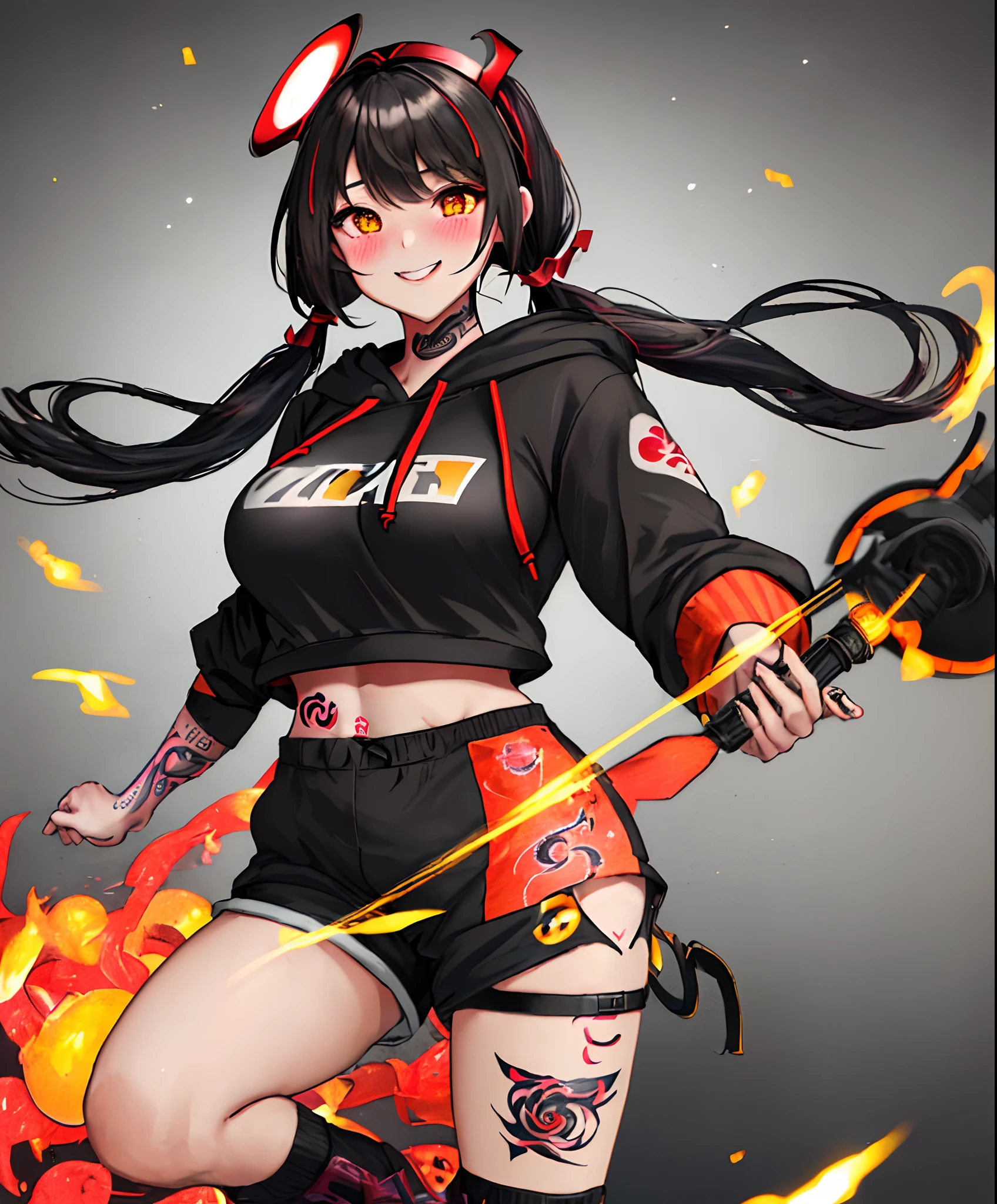 masutepiece, High quality, ultra-quality, The best lighting, 1girl in, ((Kurumi Tokisaki)), Long hair, Black hair, (((low twintails))), monochromes, ((Right red eye:1, Left yellow eye:1)), Hoodie, ((Mini Hoodie)), hood on head, ((Short pants)), ((Big Breast)), ((Large Thigh)), Smile, blush, Cute face, ((Guess Gao Face)), Standing, Sexy body, Sexy, tattoos all over body, Tattooed face, (((tattooed))),Looking at Viewer, Breasts are big, NSFW, (((mont)))