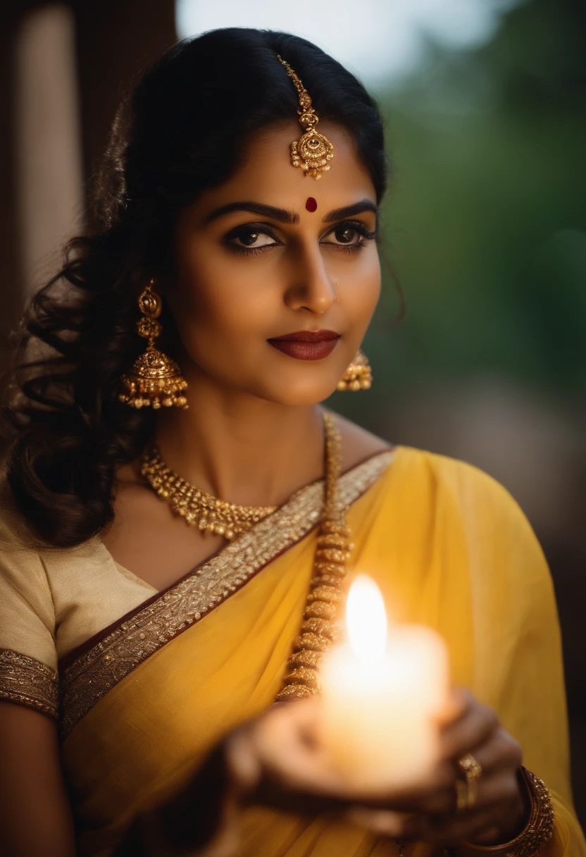 a woman in a White and Yellow sari holding a lit candle, traditional beauty, hindu aesthetic, wearing a sari, closeup portrait shot, traditional female hairstyles, mid shot portrait, dressed in a sari, gorgeous woman, portrait shot, 7 0 mm. dramatic lighting, glowing details, 7 0 mm portrait, indian girl with brown skin, glowing details!