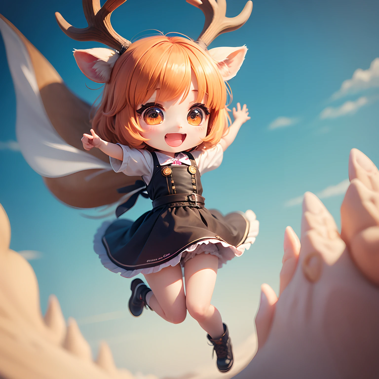 masterpiece、top-quality、ultra-detailliert、(Chibi Chara's Deer-Eared Girl:1.2)、Brown bob swaying in the wind、wraith、Jumping Kick、full body Esbian、Open your mouth and smile、