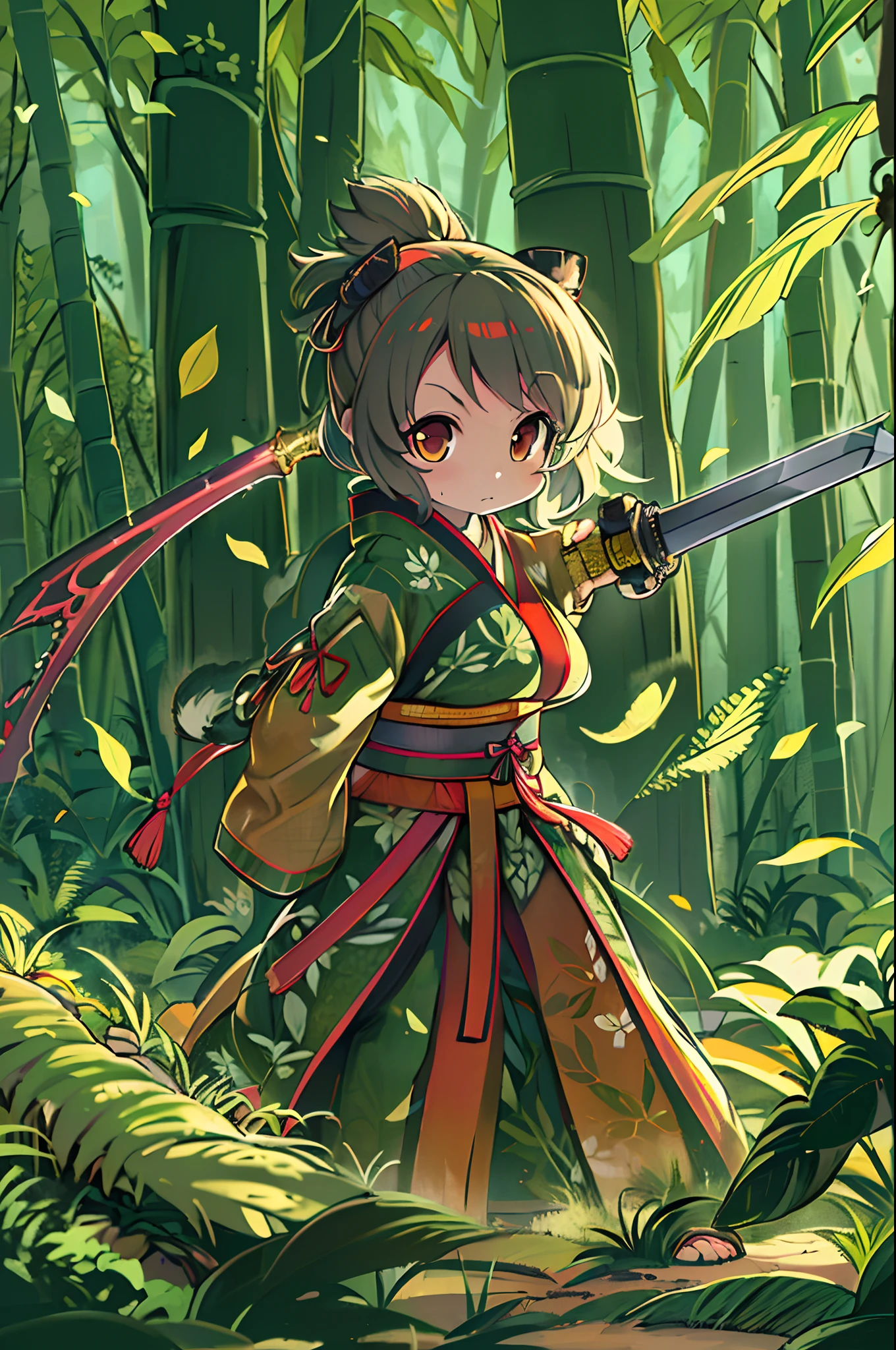One Female Samurai, Stand in a combat stance, With a sword pulled out of the sheath in her hand, Ready for Battle, In full samurai attire (Kimono) (Bamboo forest wind), (The wind lifted the leaves), Cut on her shoulder ( high skin detail: 1.2), 8K UHD, SLR camera, Soft lighting, High quality、Anime style、Chibi