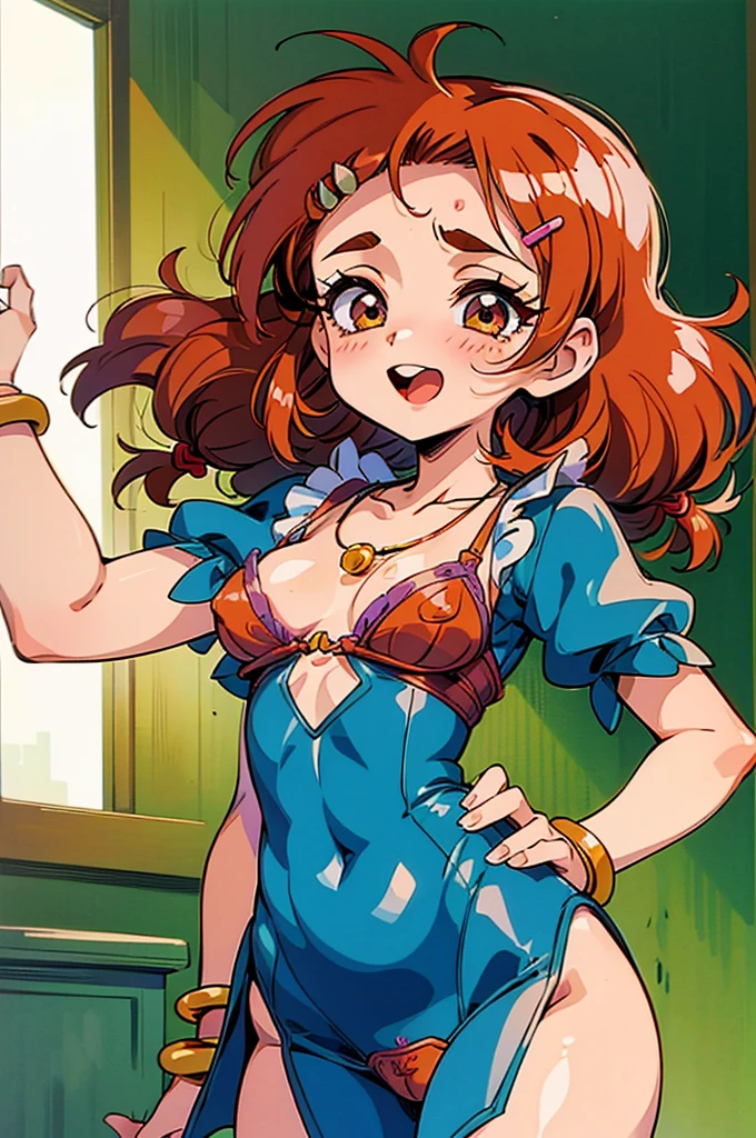 "(masterpiece:1.1), best quality, (NSFW:1.1),
1girl, gyaru, (80s anime style:1.3), (eyelashes:1.5),
(intricate high detailed body:1.2),
(red hair:1.1),
(forehead, parted bangs, hairclip:1.1), (twin braids:1.1),
red eyes,
(tan skin:1.1), (li body:1.2), (medium breasts:1.1),
grin, (open mouth, tongue out, blush:1.2),
thong lingerie, (pubic hair:1.4),
fishnet tights, bracelet, necklace, hair ornament,
standing, peace,
upper body,
(classroom:1.2)"