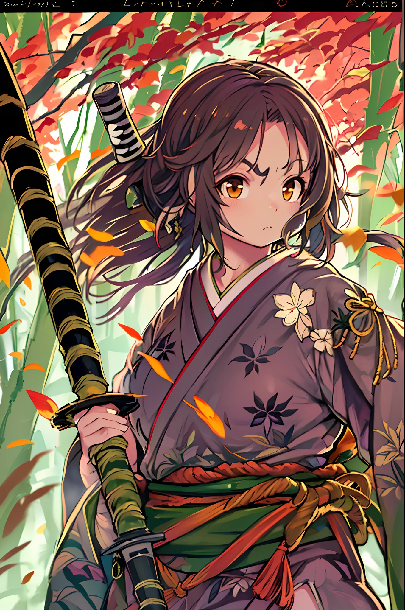 One Female Samurai, Stand in a combat stance, With a sword pulled out of the sheath in her hand, Ready for Battle, In full samurai attire (Kimono) (Bamboo forest wind), (The wind lifted the leaves), Cut on her shoulder ( high skin detail: 1.2), 8K UHD, SLR camera, Soft lighting, High quality、Anime style、Chibi