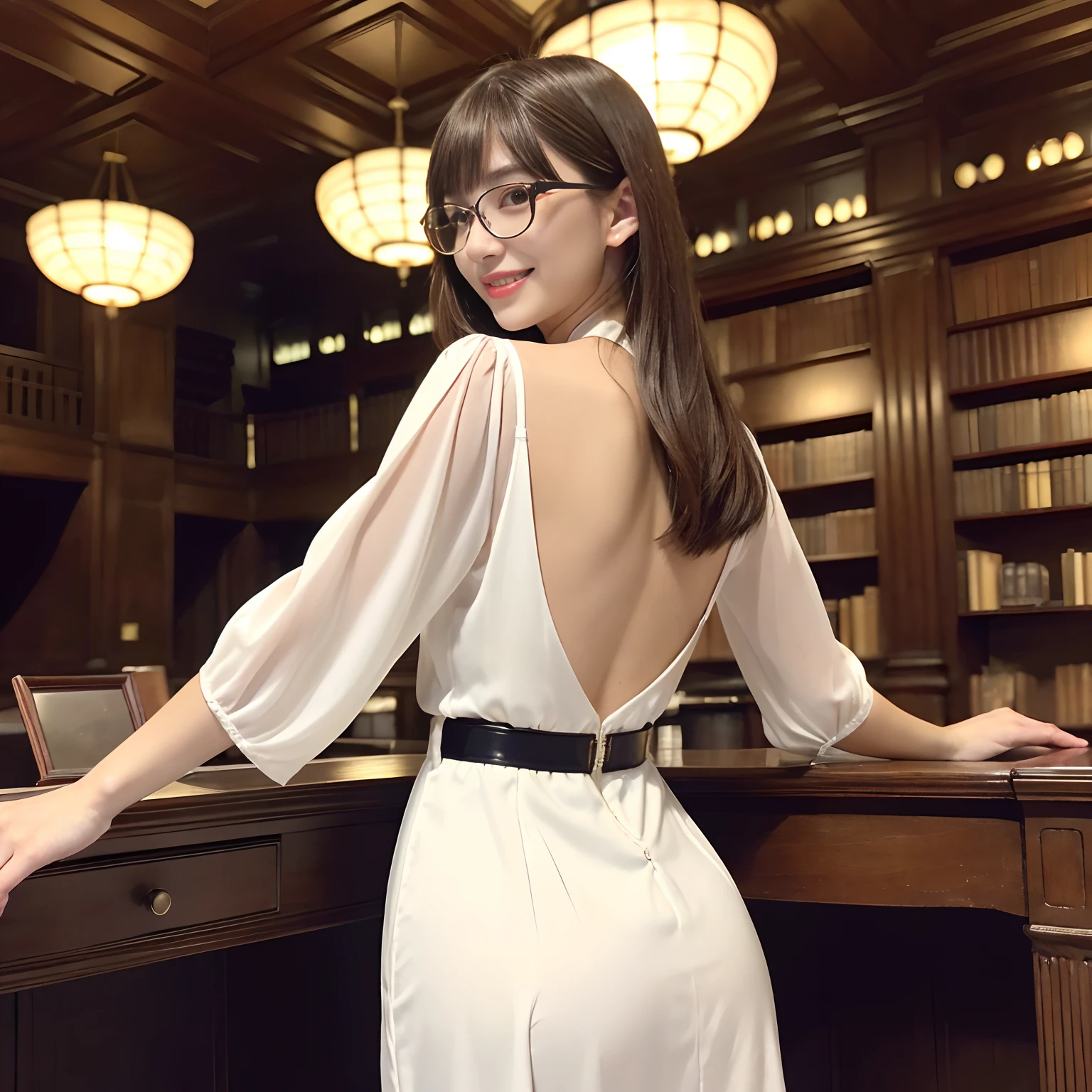(((Best Quality, masutepiece, 超A high resolution、The most complex and detailed depictions)))、(1 Japan Woman、1 Japan women、eye glass、Pill glasses、straight haired、face perfect、Detailed and accurate face)、((White formal blouse、Navy tight skirt、Japan Office Style、Classy tight skirt、7:Bangs parted in a ratio of 3、Hair carefully tied back、Warm lighting in a magnificent cinema、Portrait Style, antique interior, Wall-to-wall bookshelves, a desk, Cinematic Light, gothic library、 Majestic Library、Majestic library、Gothic Library、Cinematic、perfect hand、A detailed face))、Perfect gas chamber、Perfect fingers、A slender、Emphasize body lines、[Big breasts]、Beautiful white teeth、Perfect shiny hair and skin、perfect anatomia、A smile、beautiful smiling face、The biggest smile staring at the camera