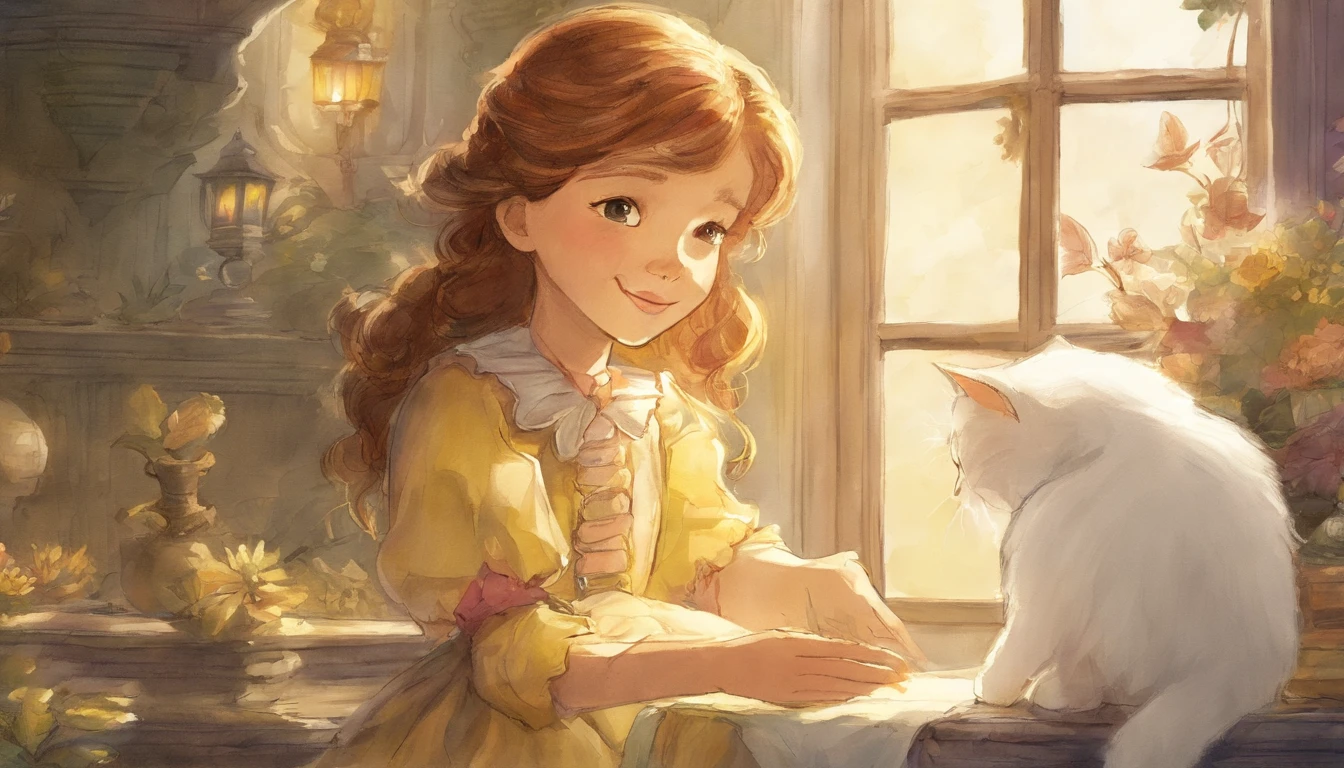 Girl shaking hands with light gray cat's paw in sunny room 10years old girl、I have chestnut hair Fantastic and happy feelings watercolor paiting The overall design is classic.、The color is dark yellow Picture book illustrations