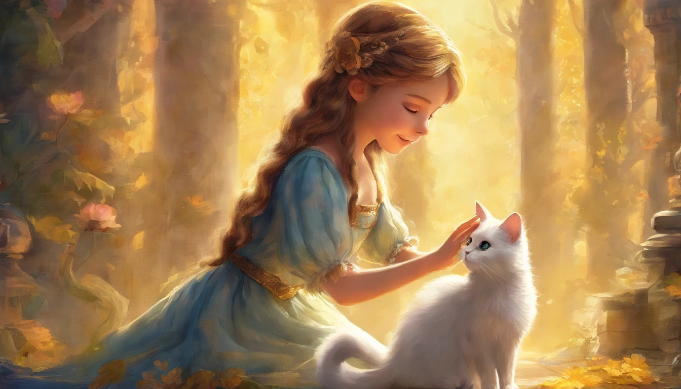 Girl shaking hands with light gray cat's paw in sunny room　10years old girl、I have chestnut hair　Fantastic and happy feelings　watercolor paiting　The overall design is classic.、The color is dark yellow　Picture book illustrations