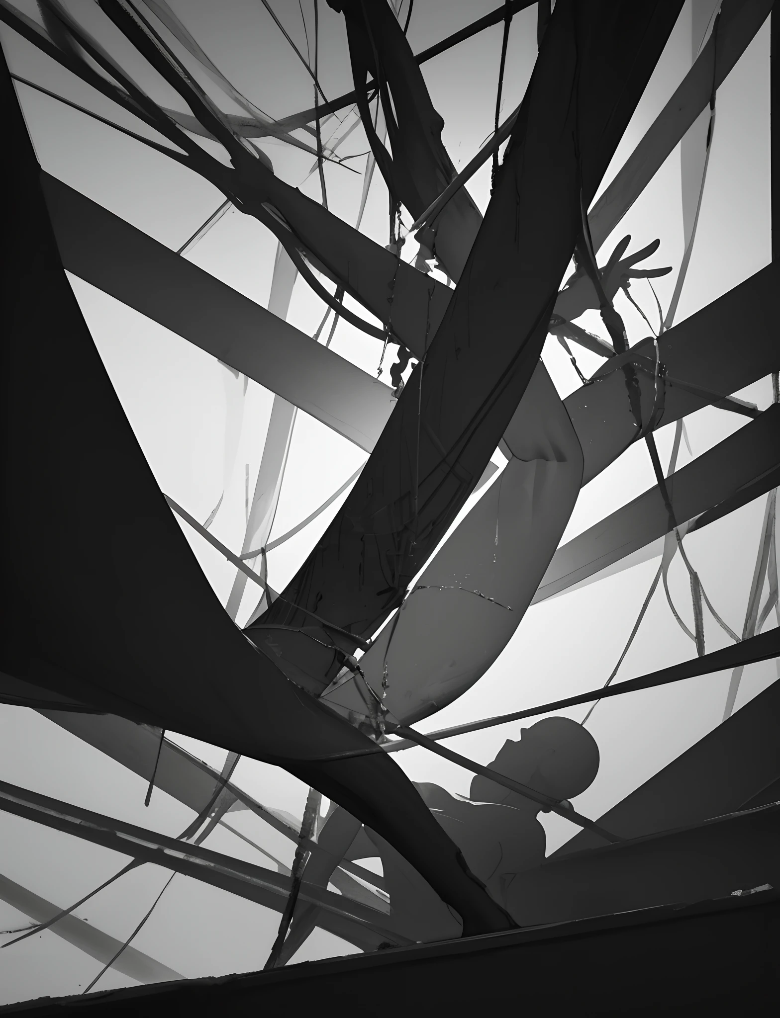 Faceless figures, Grayscale tones, Portrait of the human body, Entangled pose, 3D rendering, contrast of light and shadow, Featureless sculpture, with black background, visual chaos, abstract artistic, Simplify the body, Intertwined limbs, Suggestive, Emotional manifestations, art installation