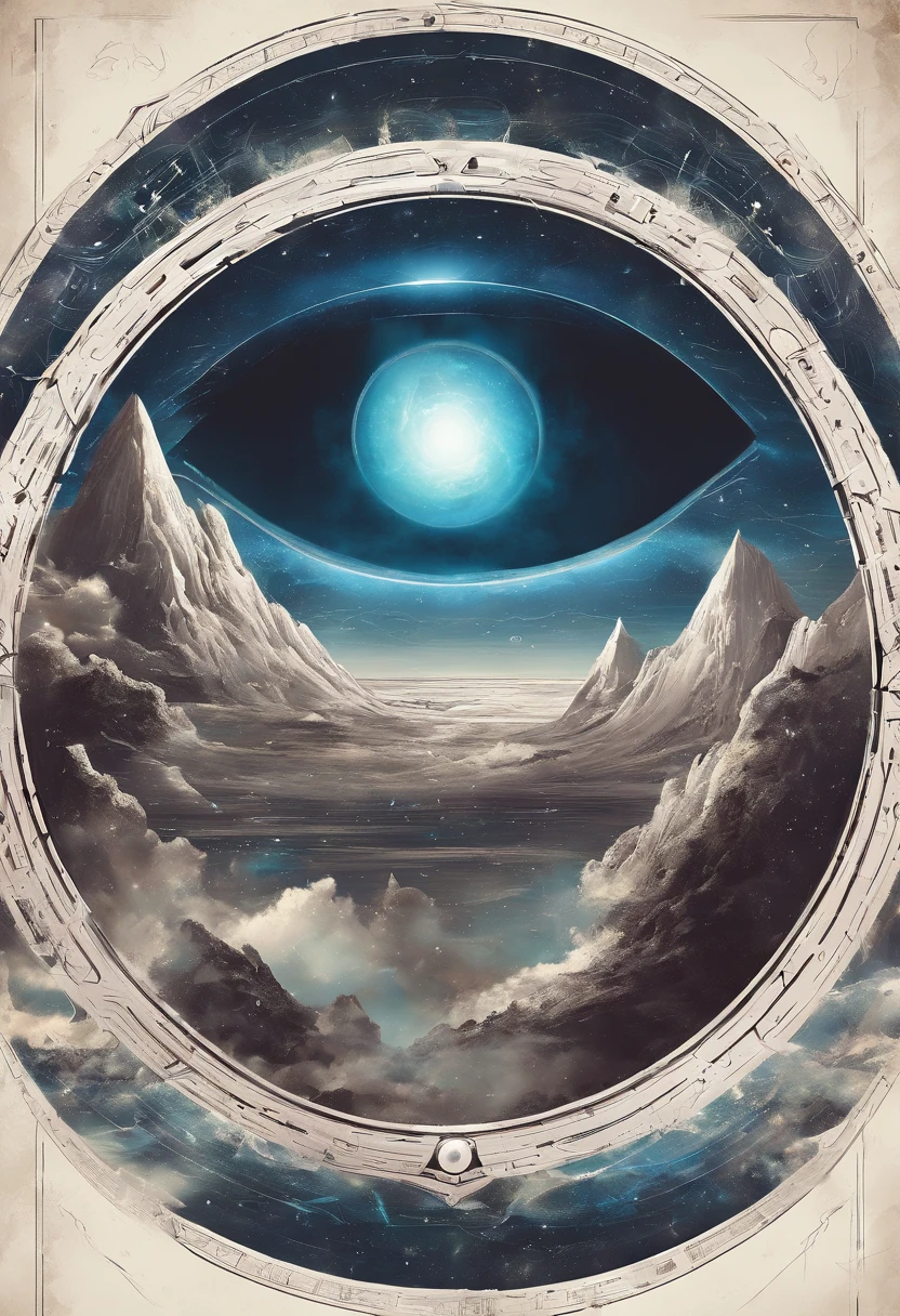 There is a picture of blue eyes，There is a spiral around it, Portrait of a mystical giant eye, the eye of the universe, The Eye of God, mystic eye, Eye of God Ra, Milky Way in the eyes, giant eye magic spell, Eye of the Gods, mystical third eye, Eye of the storm, many eyes in space, White cyclops portrait in the sky
