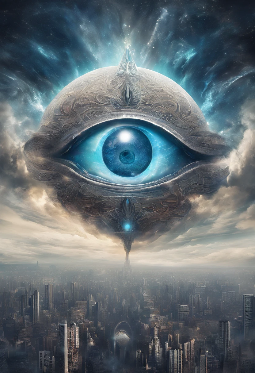 There is a picture of blue eyes，There is a spiral around it, Portrait of a mystical giant eye, the eye of the universe, The Eye of God, mystic eye, Eye of God Ra, Milky Way in the eyes, giant eye magic spell, Eye of the Gods, mystical third eye, Eye of the storm, many eyes in space, White cyclops portrait in the sky