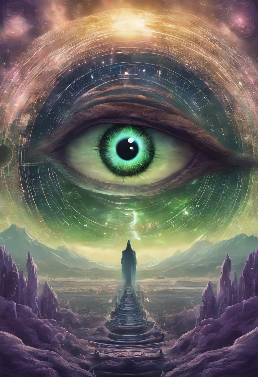 There is a picture of green-purple eyes,There is a spiral around it, Portrait of a mystical giant eye, the eye of the universe, The Eye of God, mystic eye, Eye of God Ra, Milky Way in the eyes, giant eye magic spell, Eye of the Gods, mystical third eye, Eye of the storm, many eyes in space, White cyclops portrait in the sky