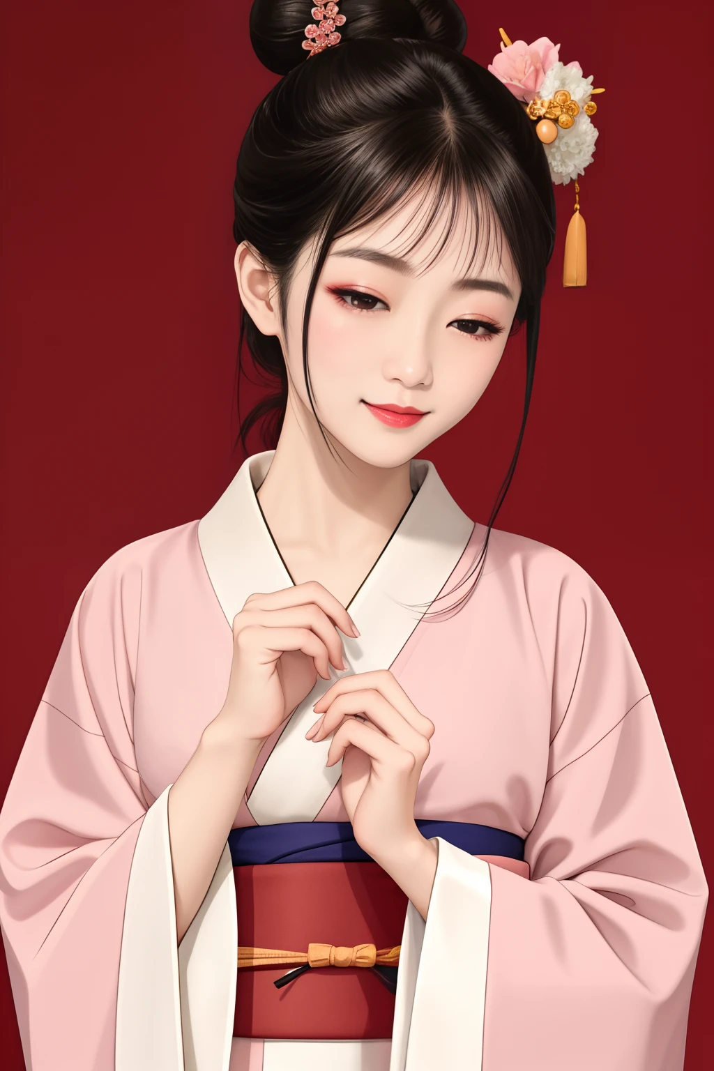 ((Big、a small face、No exposure))、top-quality、​masterpiece、（Bun hair Black hair、Ponytail hair）、Brown eyes、｟From the buttocks up is the whole body、Diagonally horizontal｠、(４In K、​masterpiece、hight resolution、Realistic and beautiful light and shadow、One girl、Solo Focus、(top-quality)、(Hi-Res)、(extremely delicate and beautiful)、(Beautiful 8k face)、(I close my eyes while smiling.)、(独奏)、(Clear skin)、(Soft hair)、(7headed body)、(Japanese style yukata kimono with red and pink checkered pattern isolated on white background、Beautiful girl in Japan wearing yukata)、((Hair in a bun))、((Tanabata decoration background))、((a small face))、(reality)、thin and small nose、（red lipsticks）、（Reddening cheeks）、（Lustrous skin）、((Ukiyo-e style))、Ultra-thin eyebrows、Ultra high image quality、（Wearing maiko-style makeup）、skin whitening、long and beautiful lashes、Lustrous skin that changes like a model in a Kyoto magazine、（Red-dyed cheeks）,Nasal muscle