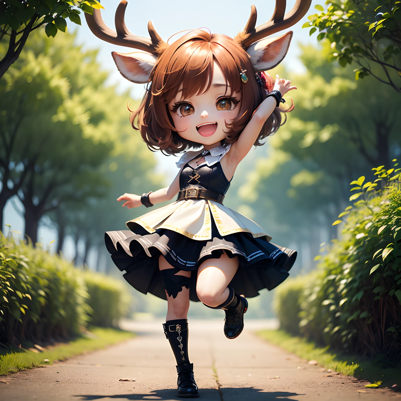 ​masterpiece、top-quality、ultra-detailliert、(Chibi Chara's Female Deer Ear Girl:1.2)、Brown bob swaying in the wind、wraith、Jumping Kick、full body Esbian、Open your mouth and smile、