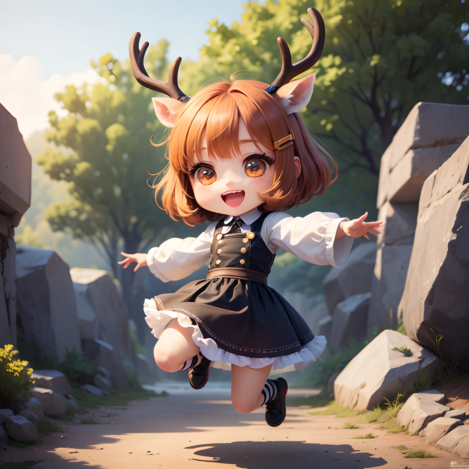 ​masterpiece、top-quality、ultra-detailliert、(Chibi Chara's Female Deer Ear Girl:1.2)、Brown bob swaying in the wind、wraith、Jumping Kick、full body Esbian、Open your mouth and smile、