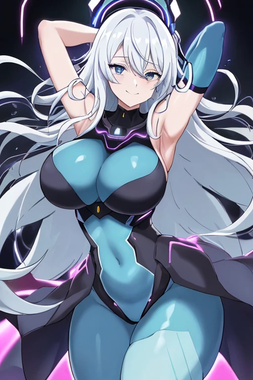 1girl, sway, hip sway, large breasts, swaying hips, thick thighs,wide hips, bouncing breasts, hands behind head, arms behind back, anime style, anime screencap, dancing, dance, mind control, hypnosis, futuristic, tech, science-fiction, vr visors, visors, covered eyes, head-mounted display, virtual reality visors, white hair, smile, visors on eyes, bodysuit, blue neon trim, thigh strap