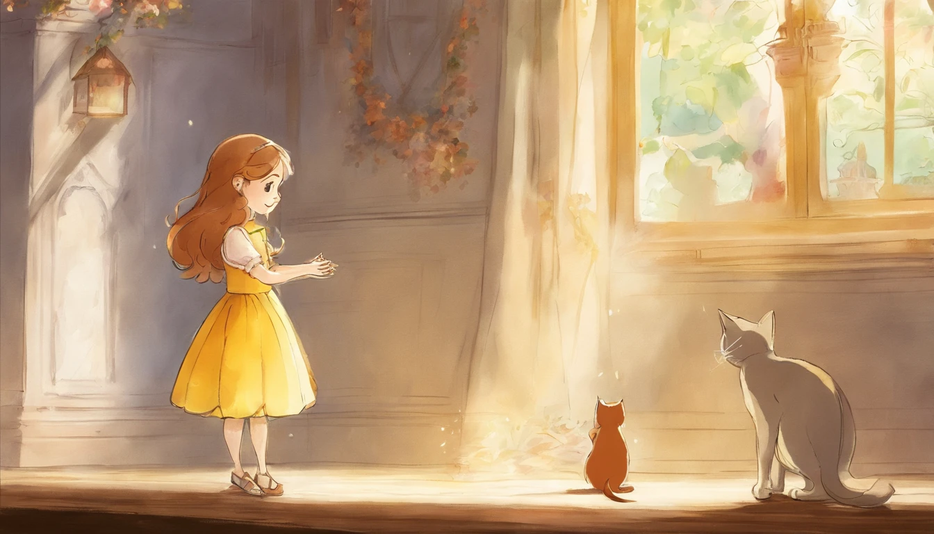 Girl shaking hands with light gray cat's paw in sunny room 10years old girl、I have chestnut hair Fantastic and happy feelings watercolor paiting The overall design is classic.、The color is dark yellow Picture book illustrations