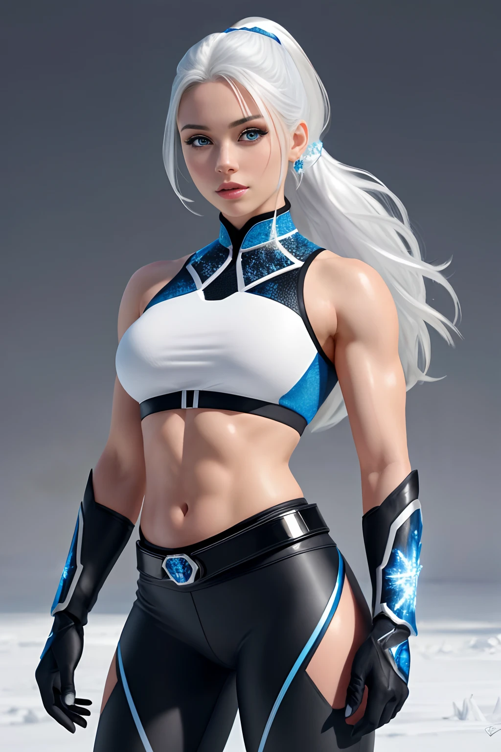 ( Masterpiece, 4k resolution, ultra-realistic, very detailed) sexy beautiful superheroine, has ice powers, white hair ponytail, back midriff with blue outlines and a snowflake symbol on her right, has black gloves with fur on her the wrist part, wears black tight pants, with a blue belt, blue lines full body in the style of realism, glistening skin, , natural lighting, Defined full lips. fitness feminine body. portrait photography by artgerm, in the style of realism, glistening skin, , natural lighting, Defined full lips. Muscular fitness feminine body,