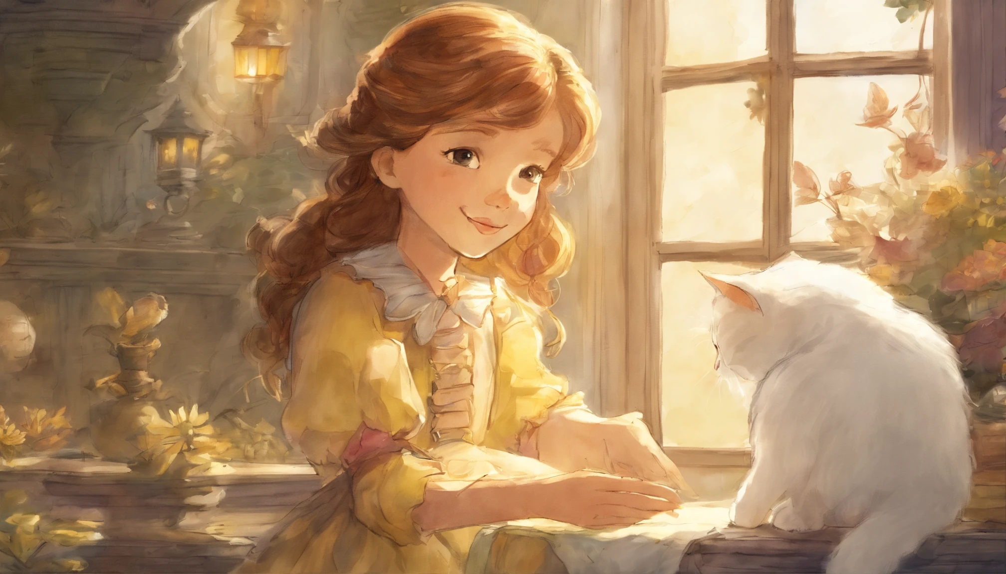 Girl shaking hands with light gray cat's paw in sunny room ars old girl、I have chestnut hair Fantastic and happy feelings watercolor paiting The overall design is classic.、The color is dark yellow Picture book illustrations