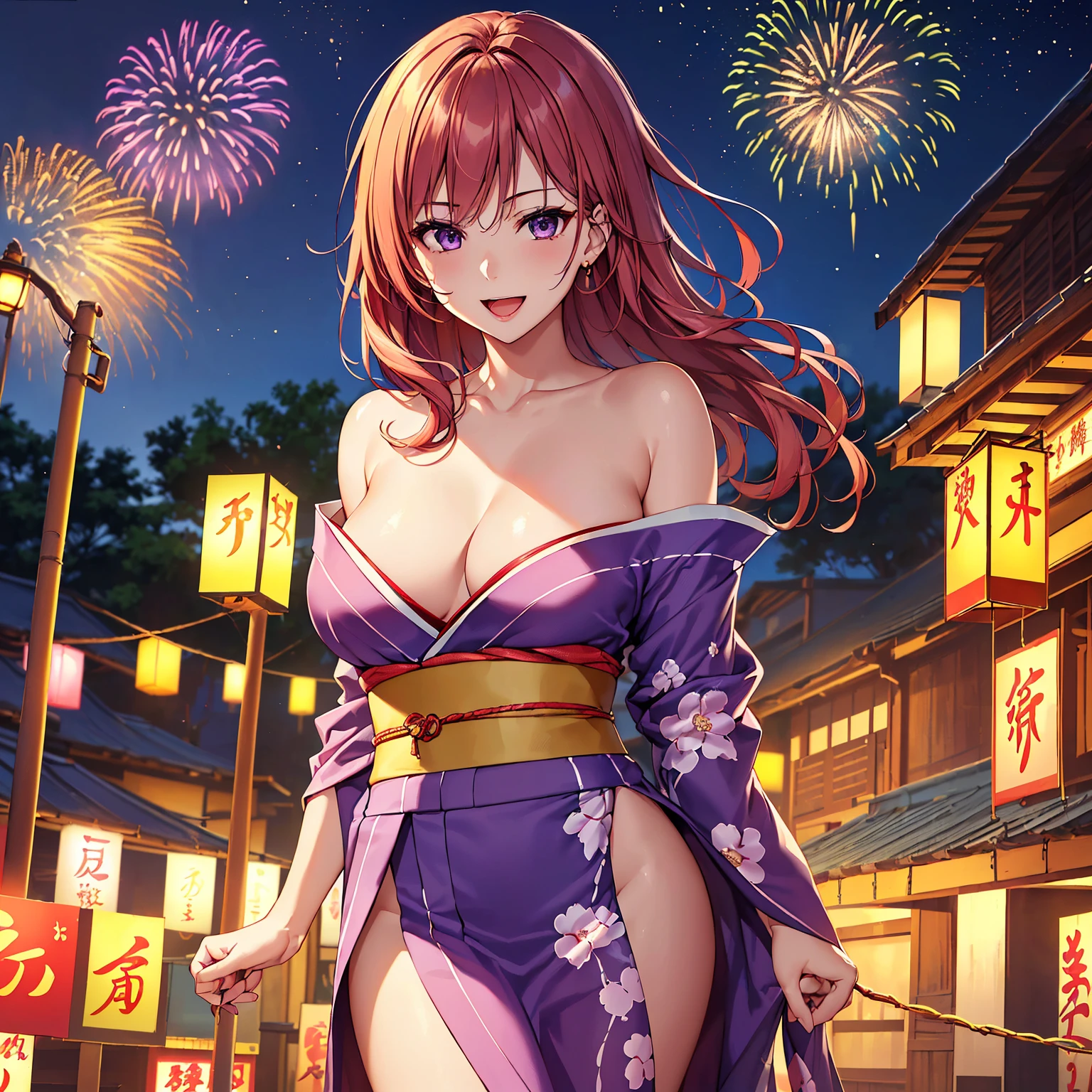 (top-quality、masterpiece、very high res、An ultra-high picture quality、High quality pixels)、(She is a mysterious and bewitching woman, And she is 18 years old,1 person,Single,独奏:1.5)、(She is a very beautiful woman with a beautiful face)、(Beautiful face written in detail,Beautiful body,Strong-willed eyes,Purple eyes,Beautiful red hair,Beautiful skin texture)、(Beautiful hair quality,Variety of hairstyles)、(She has a slender figure and her breasts are D cups)、(Bewitching look,lovely smile,Smile, Open mouth,),(Wearing a Japan kimono,Colorful Japan kimono,shoulders are exposed),(Beautiful fireworks in the night sky,Lanterns light),(model poses,modelshoot,Magazine shooting,Hair flutters under the influence of the wind),The wind is blowing、Beautiful Art Style, an animated character、(The whole picture、Detailed picture、accurate anatomy、Defect-free images、extremely detailed picture、Accurate images、Perfect Image 1.5)、(Best Shot Photo 1.2)