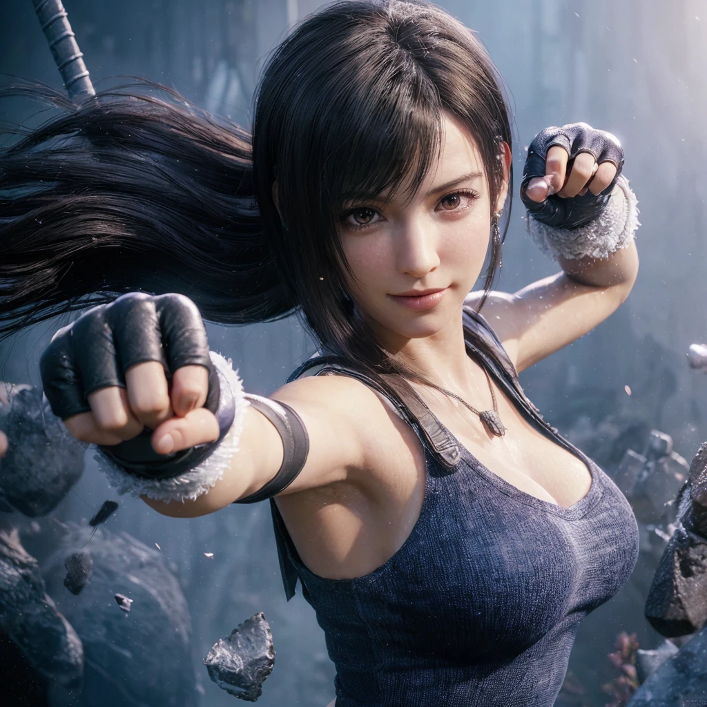 (best quality, ultra-detalhado, Realistic:1.37), Tifa Lockhart, rosto delicado, Rosto detalhado, Sweet smile expression, Corpo Perfeito, textura ultra realista, Retratos, vivid colors, soft lighting