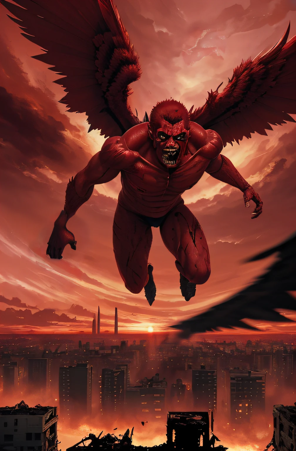 Retrato de um monstro humanoide irritado de pele vermelha e asas longas voando, anime 2d, altamente detalhado