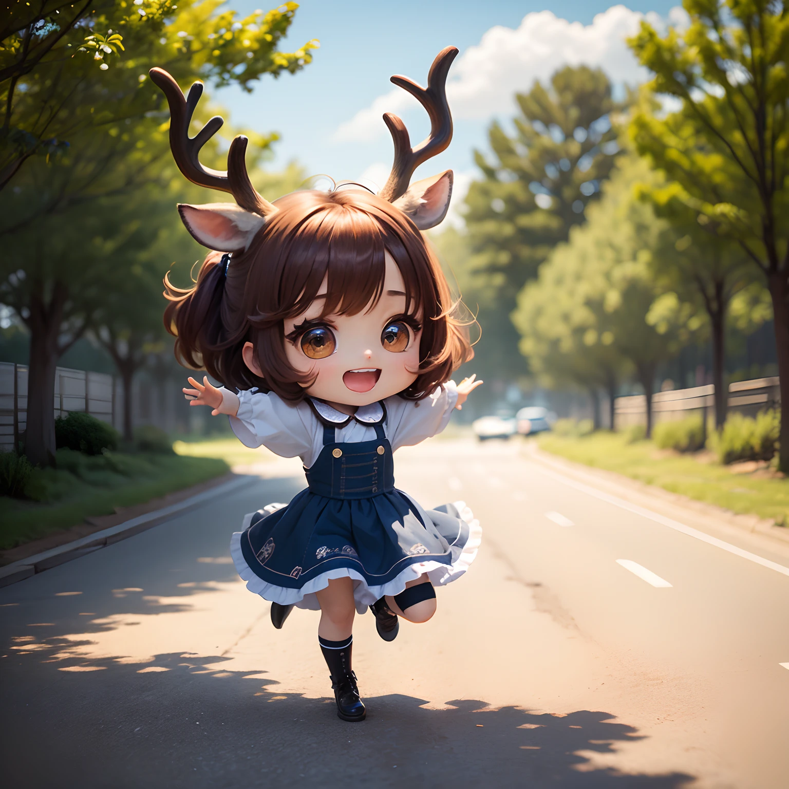 HDR, Excellent quality, 1. A girl, (standingn:1.4) sideways, leg bent at the knees, pantyhouse, (no shoes):1.2, One arm raised up, curvy loli,one eye covered, deer ears, Deer tail, short tail, One Tail, with a beautiful face, ssmile, woods