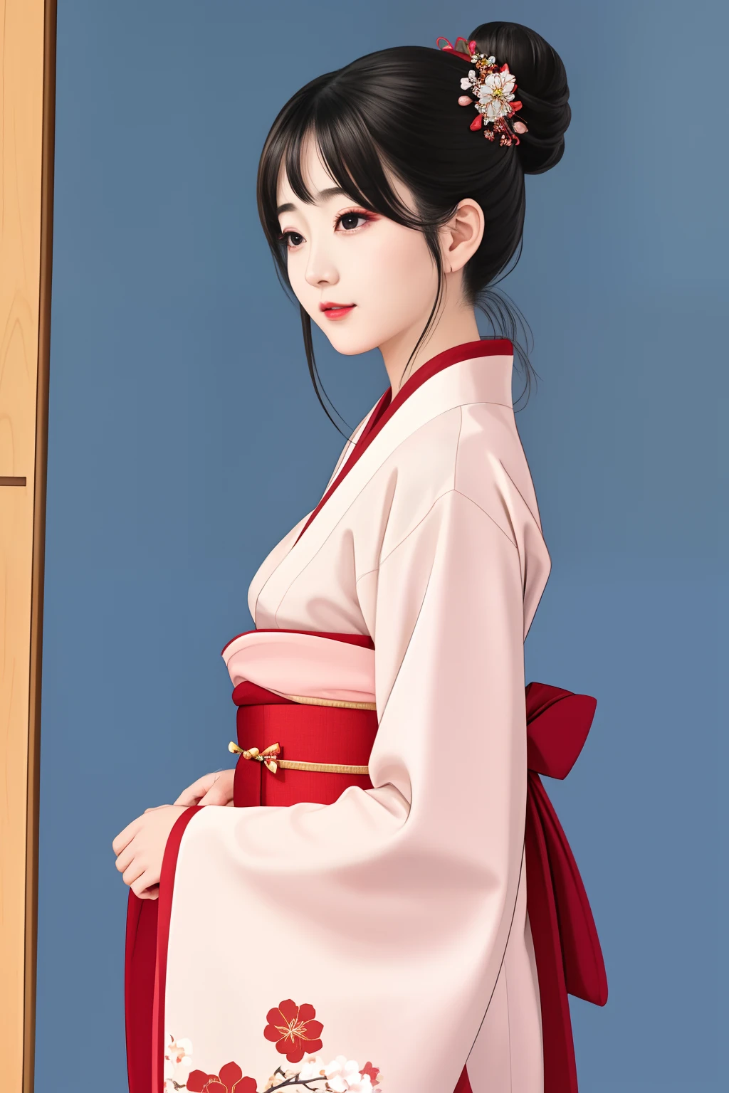 ((Big、a small face、No exposure))、top-quality、​masterpiece、（Bun hair Black hair、Ponytail hair）、Brown eyes、｟From the buttocks up is the whole body、Diagonally horizontal｠、(４In K、​masterpiece、hight resolution、Realistic and beautiful light and shadow、One girl、Solo Focus、(top-quality)、(Hi-Res)、(extremely delicate and beautiful)、(Beautiful 8k face)、(I close my eyes while smiling.)、(独奏)、(Clear skin)、(Soft hair)、(7headed body)、(Japanese style yukata kimono with red and pink checkered pattern isolated on white background、Beautiful girl in Japan wearing yukata)、((Hair in a bun))、((Tanabata decoration background))、((a small face))、(reality)、thin and small nose、（red lipsticks）、（Reddening cheeks）、（Lustrous skin）、((Ukiyo-e style))、Ultra-thin eyebrows、Ultra high image quality、（Wearing maiko-style makeup）、skin whitening、long and beautiful lashes、Lustrous skin that changes like a model in a Kyoto magazine、（Red-dyed cheeks）,Nasal muscle