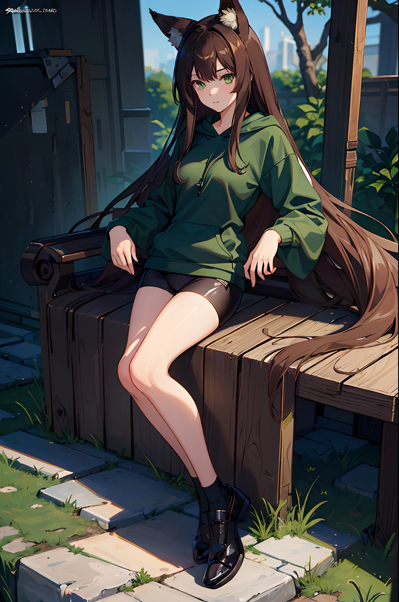 (Masterpiece: 1.5), (Best Quality: 1.5), Perfect Face, 1 Woman, Mature Woman, (Anime), Fox ears, Fox tail, green eyes, dark brown hair, (Highly Detailed), sexy, full body, black bike shorts, green Hoodie,