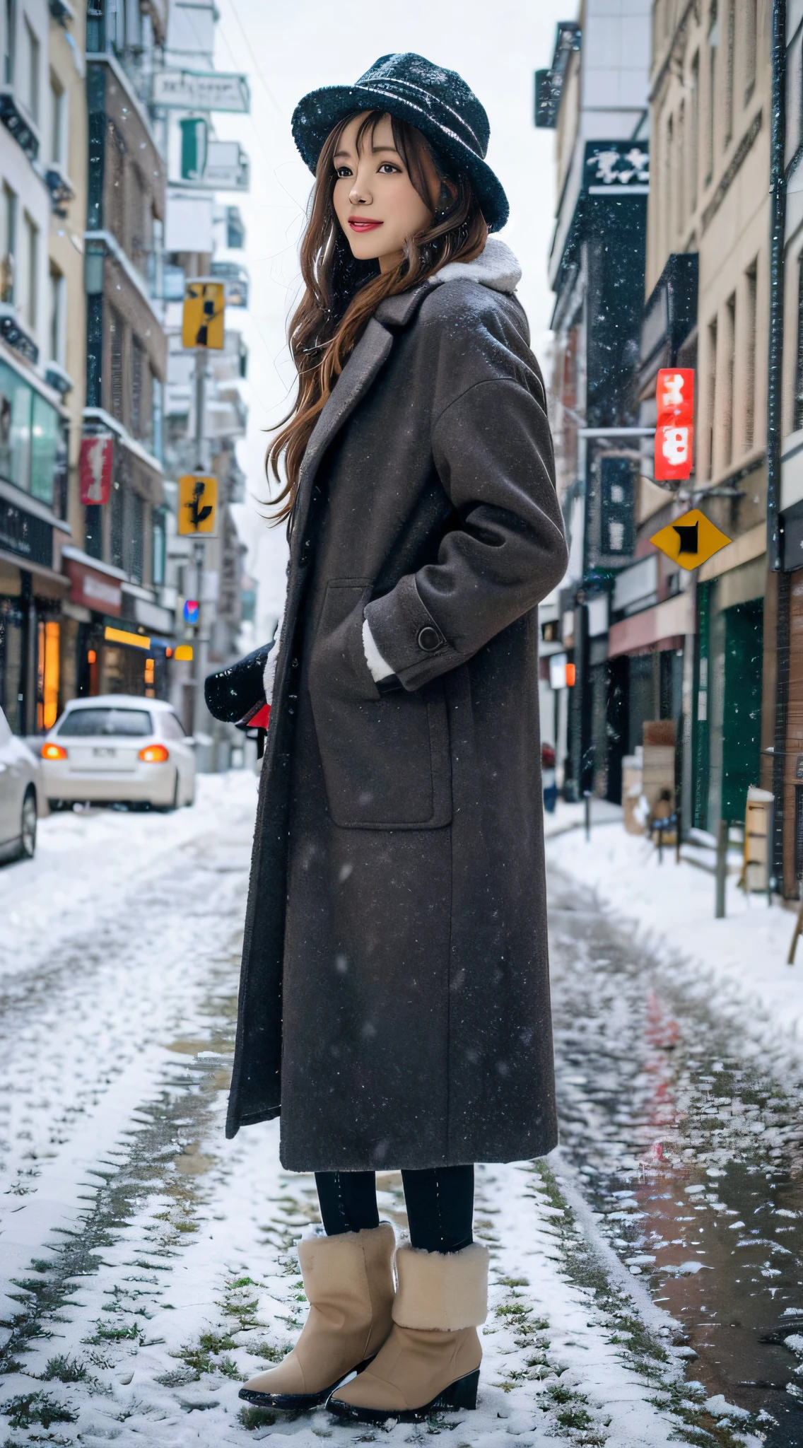 Araffe woman in coat and hat standing on a snowy road, Standing at street, Standing in the snow, Standing at street, standing in a city street, Standing on the street, Standing at street, In the snow, standing in a city center, wandering in the city, japanese city street fashion, In the streets of Tokyo, On the streets