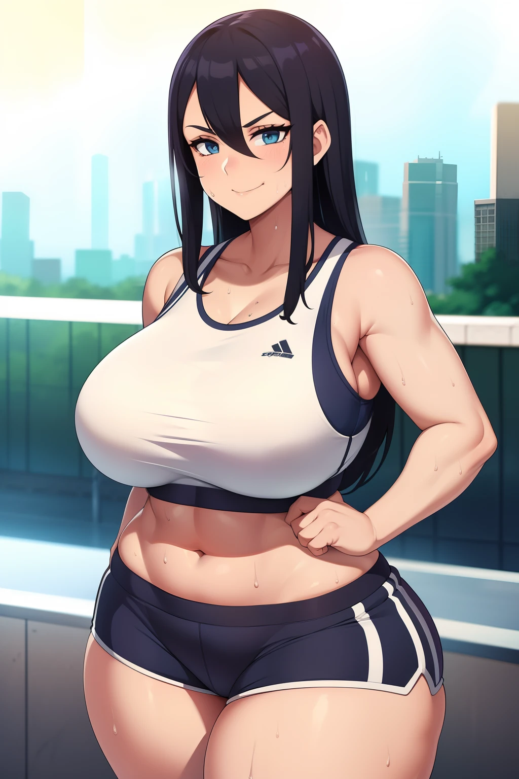 Woman in a sport outfit, sport bra, shorts, sweaty clothes, sweaty, curvy, busty, smirk, evil, thick thighs