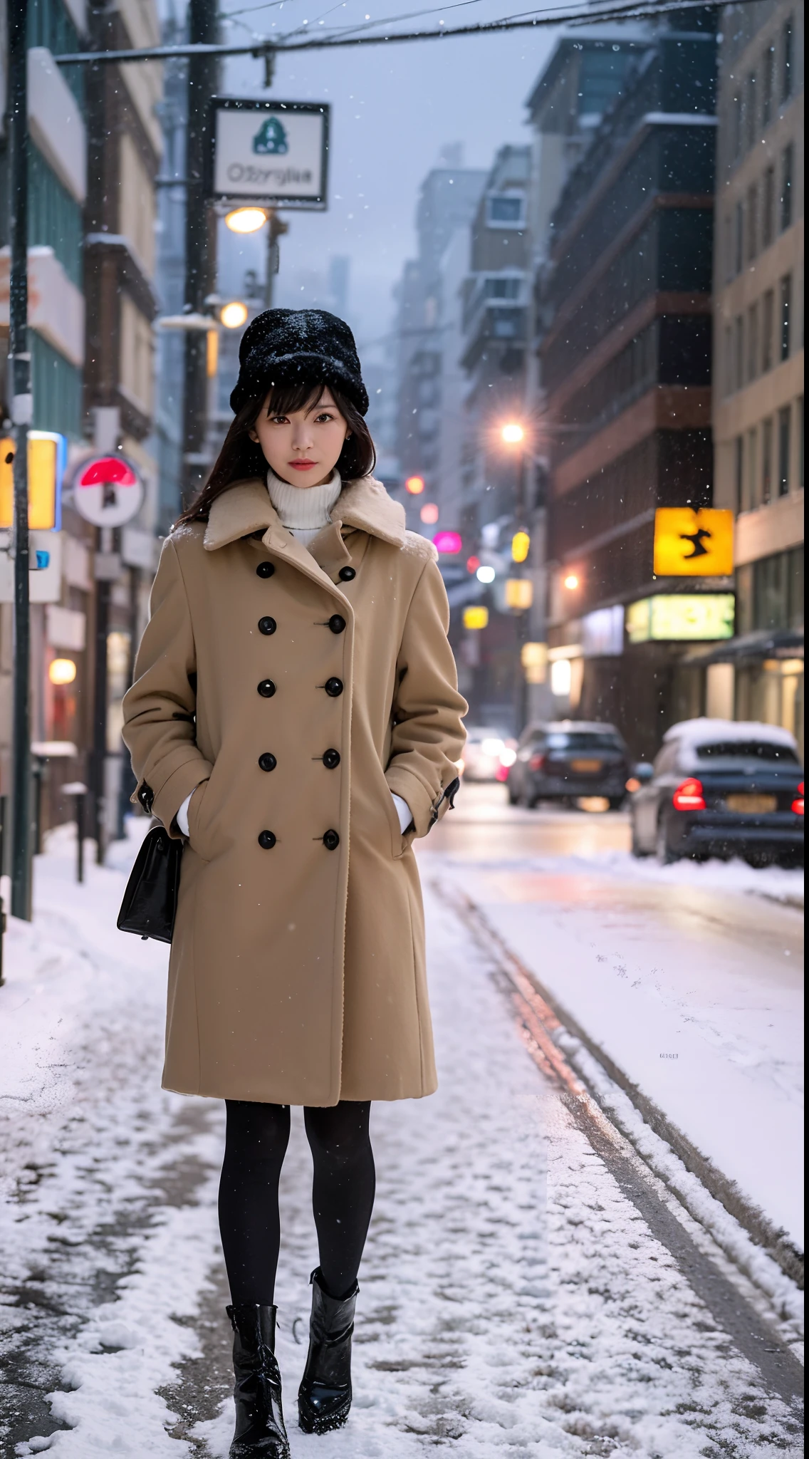 Araffe woman in coat and hat standing on a snowy road, Standing at street, Standing in the snow, Standing at street, standing in a city street, Standing on the street, Standing at street, In the snow, standing in a city center, wandering in the city, japanese city street fashion, In the streets of Tokyo, On the streets