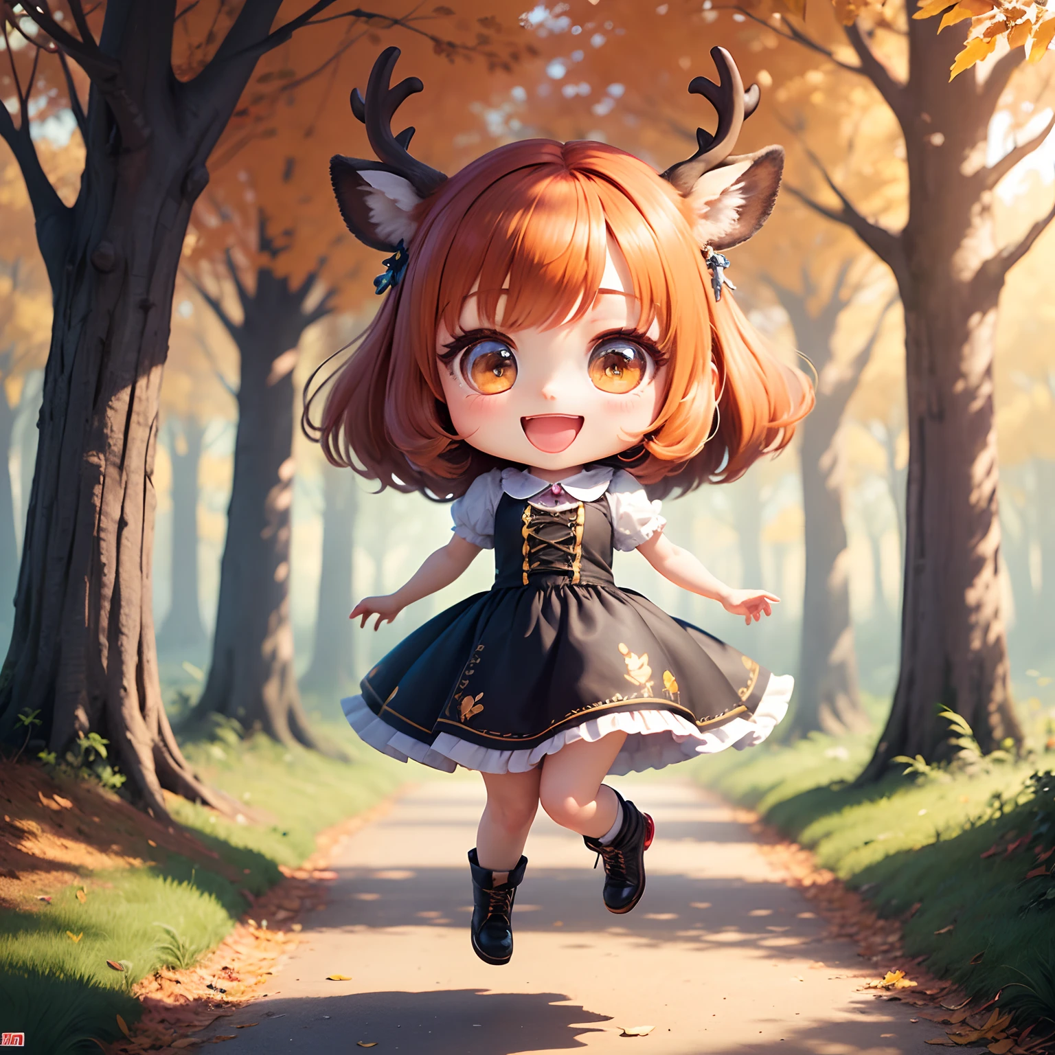 ​masterpiece、top-quality、ultra-detailliert、(Chibi Chara's Female Deer Ear Girl:1.2)、Brown bob swaying in the wind、Blu-ray、Jumping Kick、full body Esbian、Open your mouth and smile、Fairytale Autumn Forest