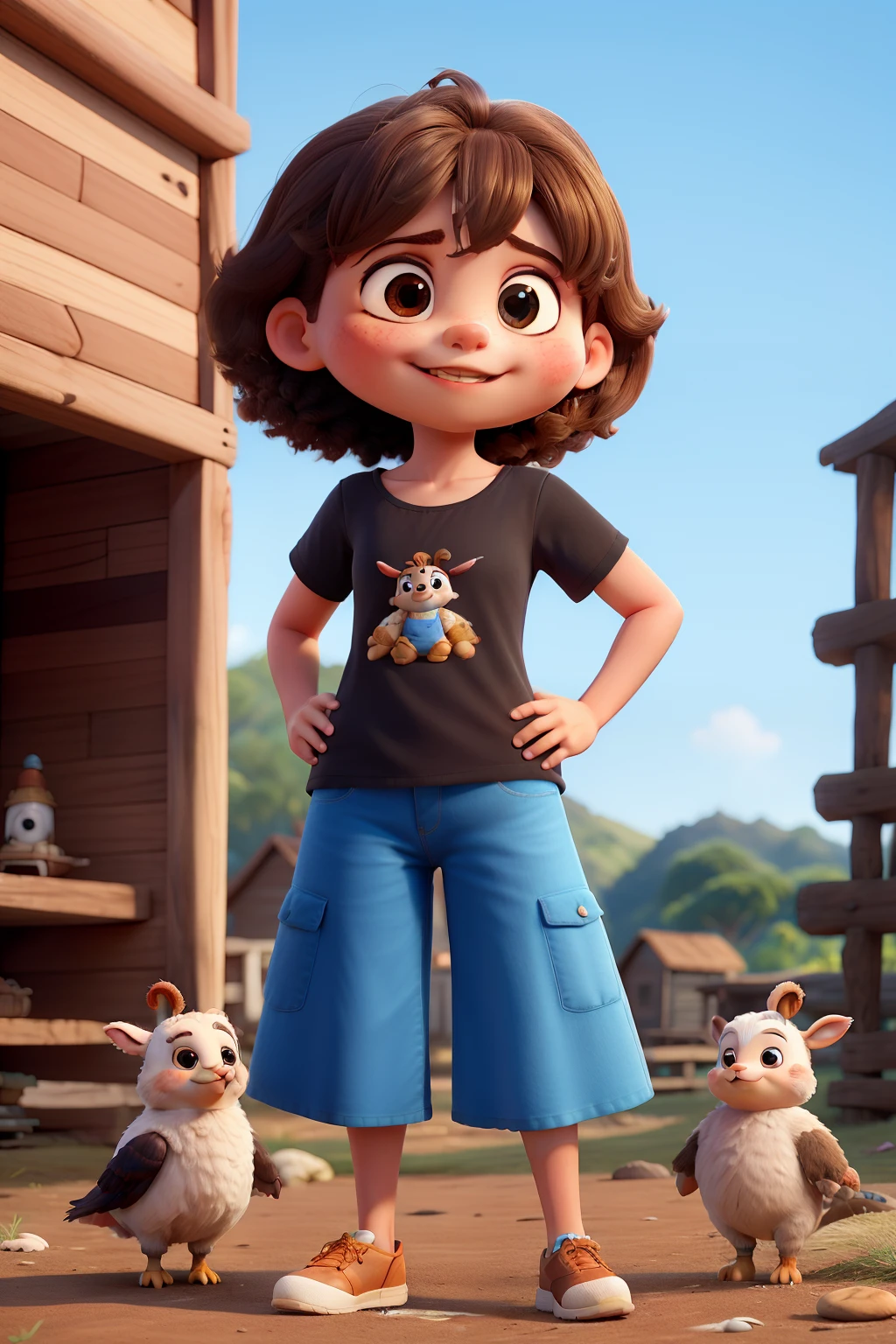 Jenifer is a smiling 5-year-old human girl, com seu fiel amigo, pointer, o cachorro pointer, deitados no jardim, cabelo volume encaracolado, cabelo enrolado , cacheado , castanho claro , olhos verdes
