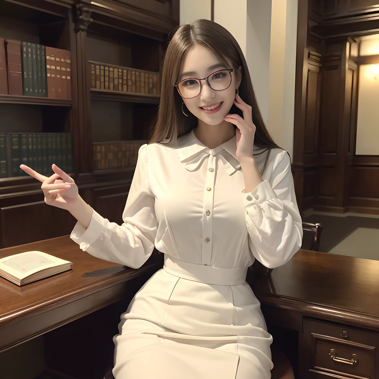 (((Best Quality, masutepiece, 超A high resolution、The most complex and detailed depictions)))、(1 Japan Woman、1 Japan women、eye glass、Pill glasses、straight haired、face perfect、Detailed and accurate face)、((White Formal Shirt、Navy Skirt、Japan Office Style、Elegant skirt、Carefully tie your hair back、Warm lighting in a magnificent cinema、Portrait Style, antique interior, Wall-to-wall bookshelves, a desk, Cinematic Light, gothic library、 Majestic Library、Majestic Library、gothic library、Cinematic、perfect hand、A detailed face))、Perfect gas chamber、Perfect fingers、A slender、Emphasize body lines、[Big breasts]、Beautiful white teeth、Perfect shiny hair and skin、perfect anatomia、A smile、beautiful smiling face、The biggest smile staring at the camera