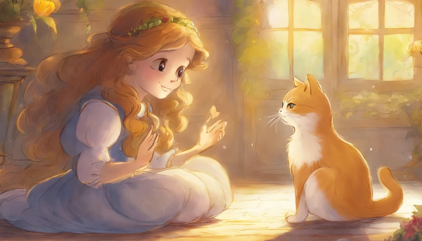 Girl shaking hands with light gray cat's paw in sunny room 10years old girl、I have chestnut hair Fantastic and happy feelings watercolor paiting The overall design is classic.、The color is dark yellow Picture book illustrations