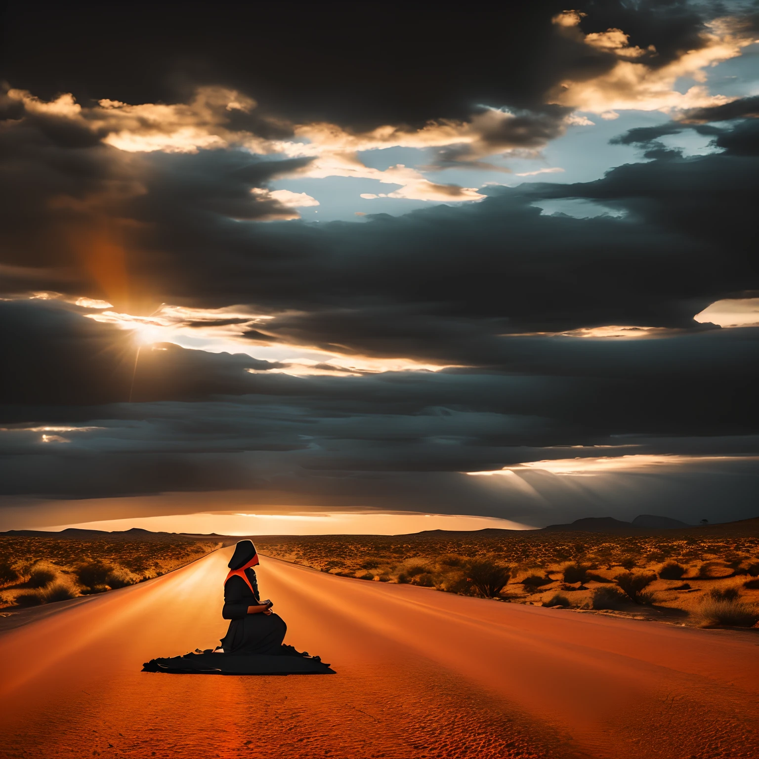 (Masterpiece),(Best Quality), Australian desert, black-grey sky, dark clouds blurred orange-glowing, use #ff4300 as guideline for orange,
silhouette of a beautiful woman on knees begging to the sky, woman on the road, many soldiers, gloomy atmospheres, golden eagles in the air