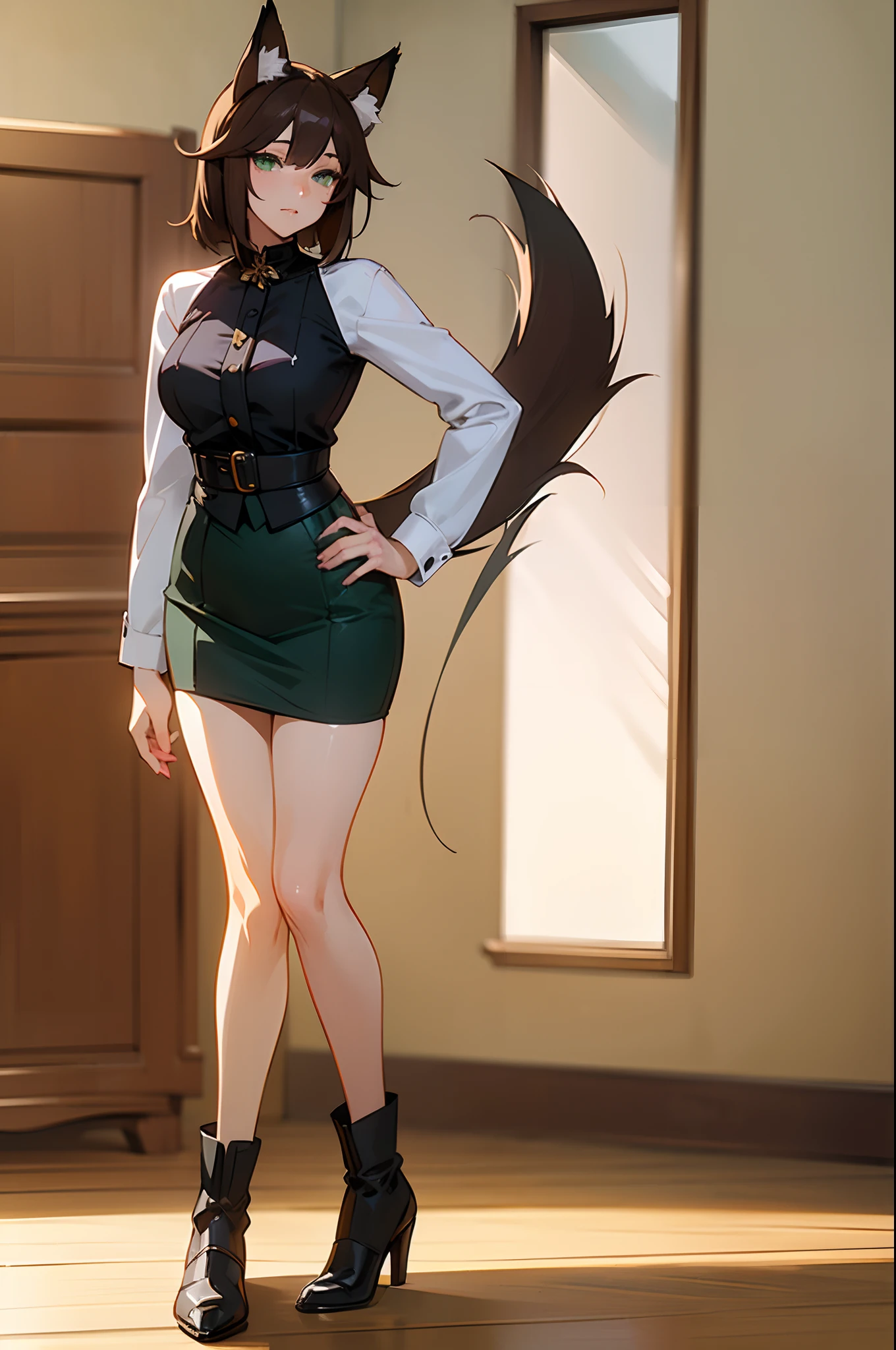 (Masterpiece: 1.5), (Best Quality: 1.5), Perfect Face, 1 Woman, Mature Woman, (Anime), Fox ears, Fox tail, green eyes, dark brown hair, (Highly Detailed), sexy, full body, spats,