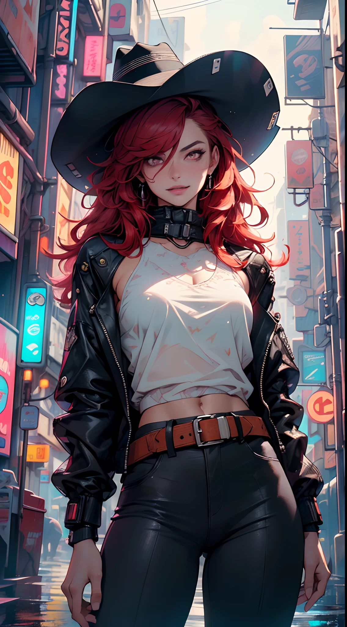 (man:1.5),1 man,cyberpunk gunslinger,(((1man))),((man with messy red hair)),
(((1male,man:1.5,handsome man,male,male gender:1.5,male focus))),macho man,((messy red hair,dark_red_hair,detailed hair,highly detailed hair,red hair,hair over one eye:1.2,dyed interior hair,colored inner hair)),(((dark_red_eyes:1.2))),intricate eyes,beautiful detailed eyes,symmetrical eyes,(((lustrous skin:1.5,tanned skin,bright skin: 1.5,skin tanned,shiny skin,very shiny skin,shiny body,illuminated skin))),((man chest)),handsome face,((muscular)),(((detailed face))),((perfect masculine face)),
alluring look,nsfw,
(((bare chest))),dark pants,((bulge in pants)),((gunfighter outfit, (cyberpunk cowboy_hat:1.2))),(wearing a gunfighter outfit:1.3,gunslinger clothes),(cyberpunk gun holster,belt),((wet clothes,intricate outfit,intricate clothes)),
(dynamic pose:1.0),solo focus,((evil smile,evil look)),(centered,scale to fit dimensions,Rule of thirds),
cyberpunk city by the ocean at night, with bright neon signs and dark stormy clouds and puddles, scenery:1.25,nighttime, starry night, cosmos,Very dark night that makes the neon lights stand out, very bright neon lights,
artistic photography,(photography taken by sldr),highres, sharp focus,(ultra detailed, extremely detailed), (photorealistic artwork:1.37),(extremely detailed CG unity 8k wallpaper),((synthwave background theme)),(((vibrant colors))),intricate,(intricate background),(masterpiece),(best quality),perfect rendered face,perfect face details,realistic face,photo realistic,analog style,((intricate detail)),(((realism))),