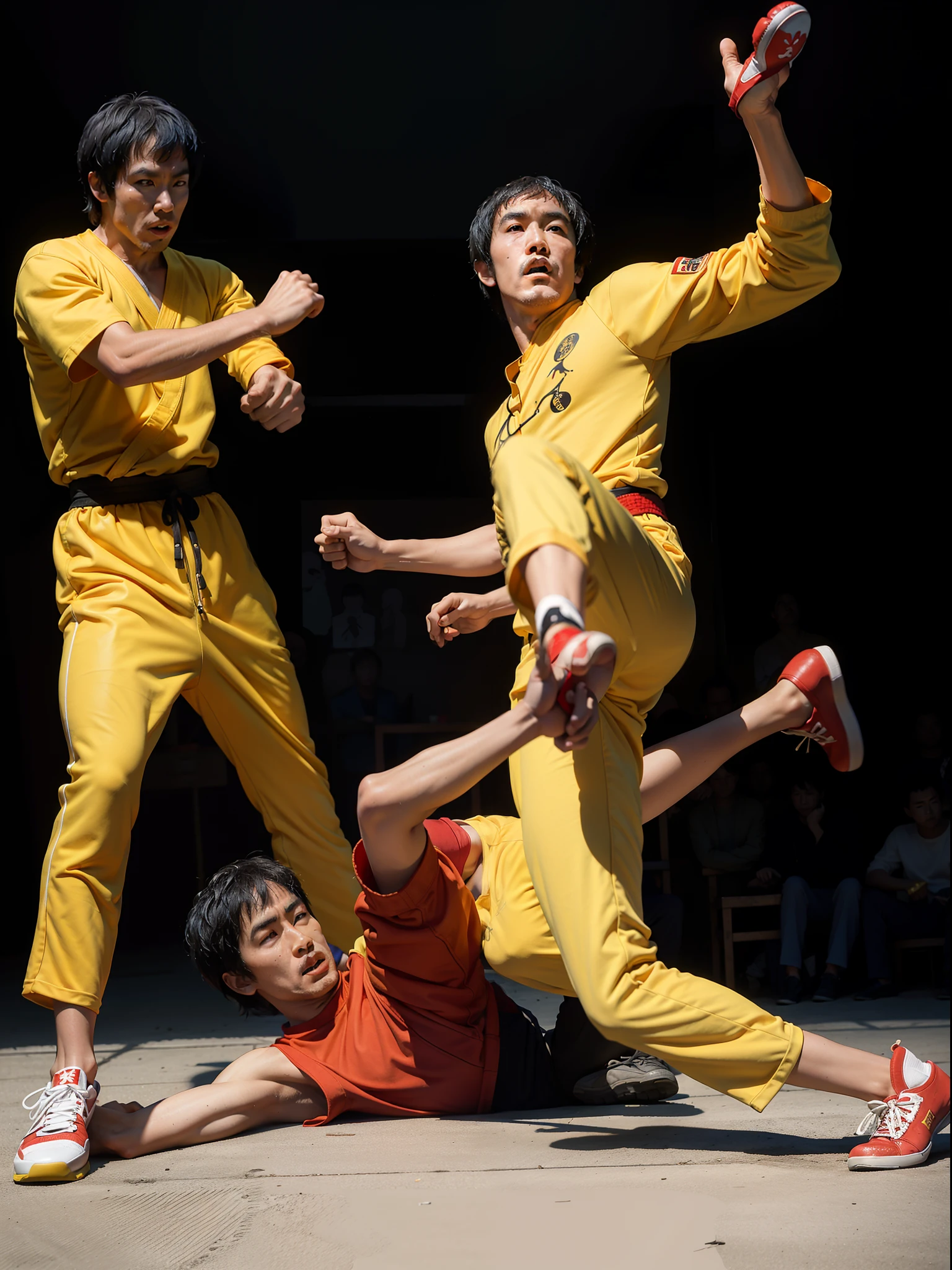 Bruce lee wearing a yellow onesie kicking chuck norris in the face in a shaolin monastery