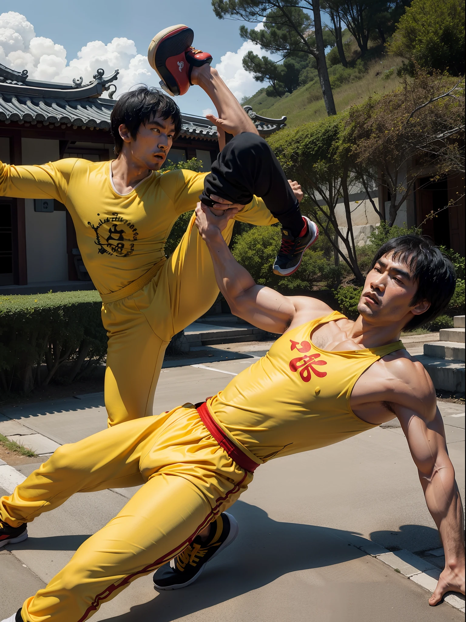 Bruce lee wearing a yellow onesie kicking chuck norris in the face in a shaolin monastery