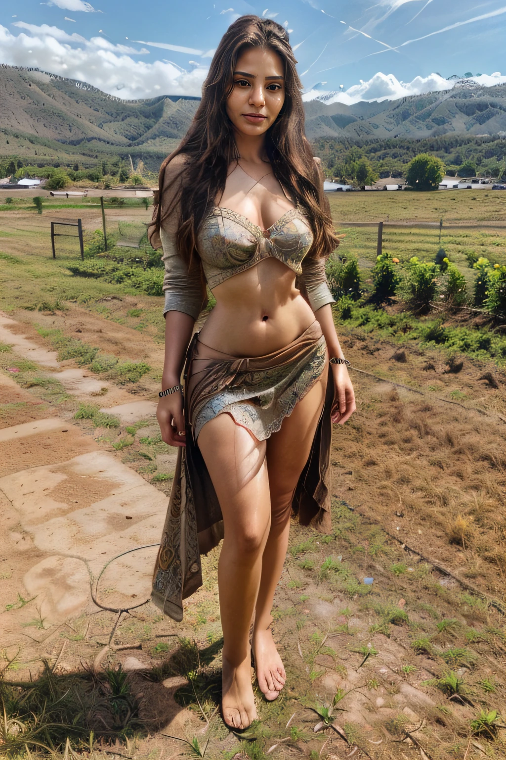 beautiful woman, young, with elegant clothes + hippie jewelry, | ((Brown hair)), medium hair, is looking at the landscape, (((model pose))) in a Farm hotel, | ((full body):1.5), 16k, UHD, maximum quality, maximum resolution, ultra-realistic, ultra-detailed, perfect lighting, ((perfect_hands):1), Goodhands-beta2, ((beautiful woman))