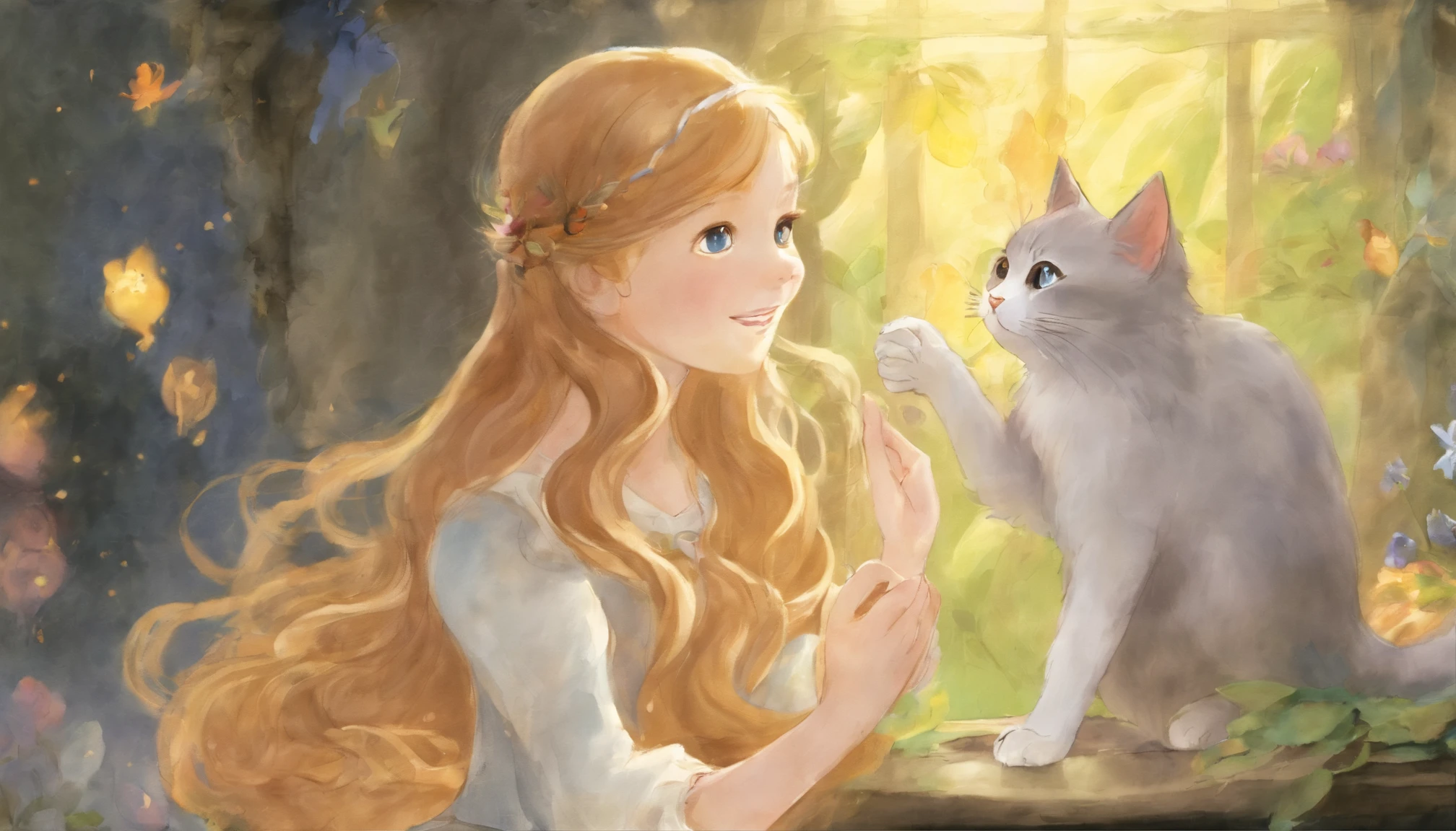 Girl shaking hands with light gray cat's paw in sunny room 10years old girl、I have chestnut hair Fantastic and happy feelings watercolor paiting The overall design is classic.、The color is dark yellow Picture book illustrations