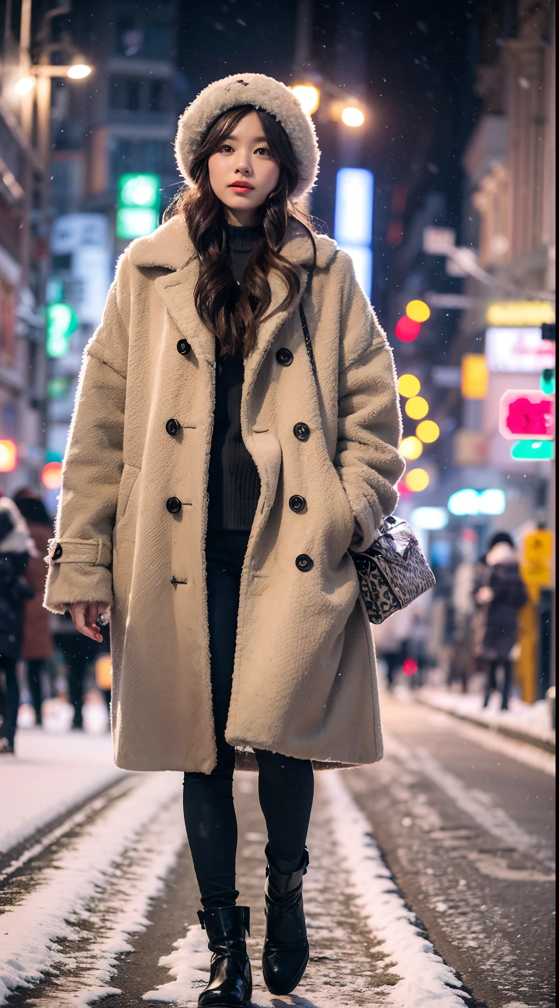 Araffe woman wearing coat and hat standing on a snowy road, Standing at street, Standing in the snow, Standing at street, Standing on the streets of a city full of Christmas colors, Standing on the street, Standing at street, In the snow, standing in a city center, wandering in the city, japanese city street fashion, In the streets of Tokyo, On the streets