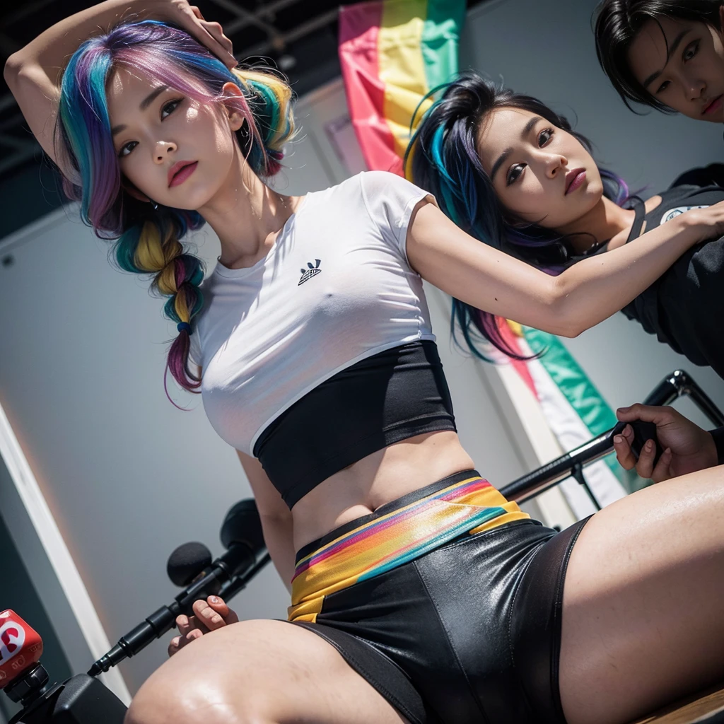 8K,best qualtiy,tmasterpiece,(a group of boys and a girl,a group of boys hugged the girl from behind),(A charming girl,the only girl,Wrapped his arms around the two boys,huge tit,spread their legs,Held from behind by two boys),friedly smile,(random hair style,Random hair color,Brightly colored hair,with long coiled hair,Asymmetrical hairstyle,Complex hair color,Complex hairstyles,Multi-colored hair,Rainbow color pick-dye),(Superskirt,Crotch bulge,Camel toes,Broken sports pantyhose,Close-up of the crotch)