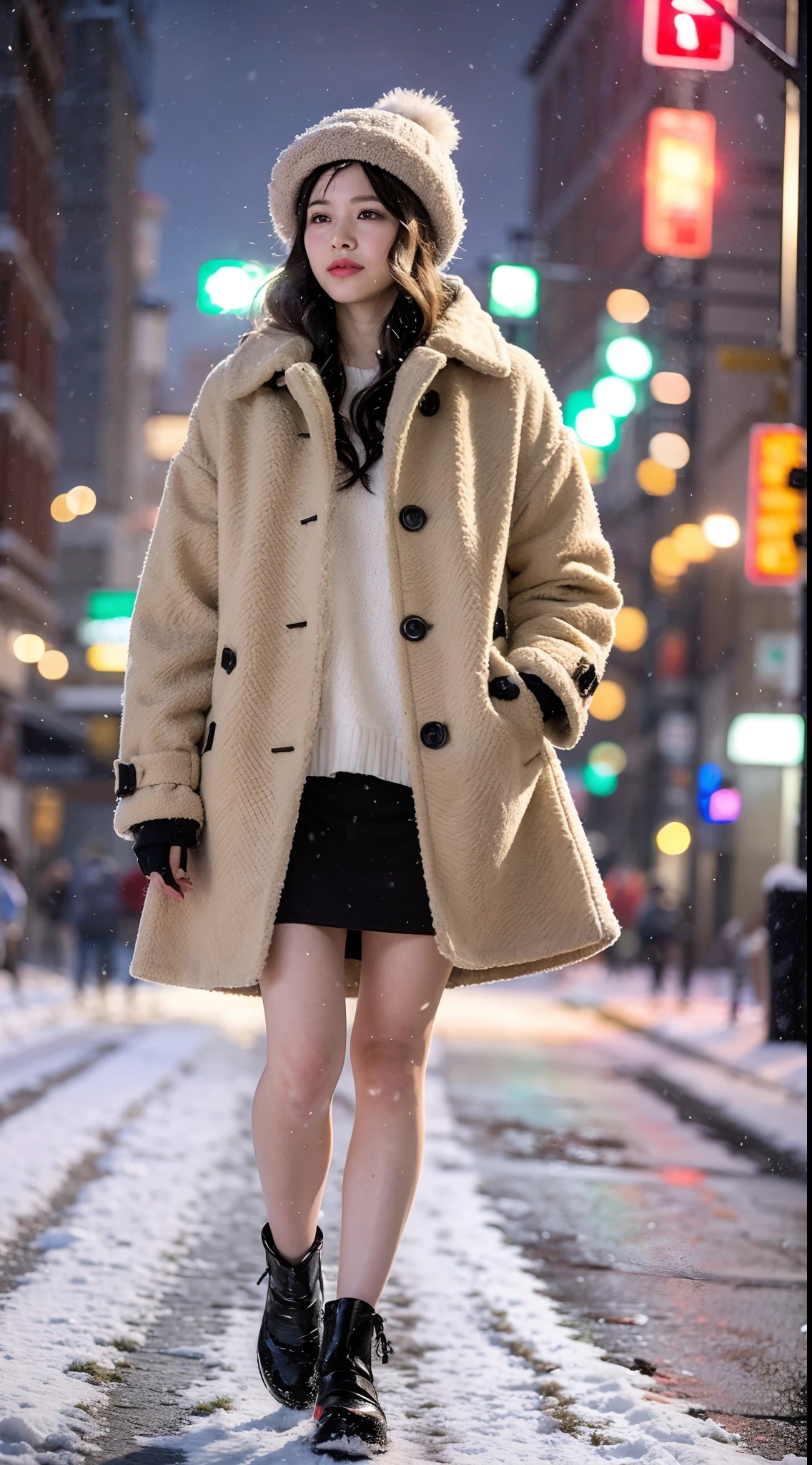 Araffe woman wearing coat and hat standing on a snowy road, Standing at street, Standing in the snow, Standing at street, Standing on the streets of a city full of Christmas colors, Standing on the street, Standing at street, In the snow, standing in a city center, wandering in the city, japanese city street fashion, In the streets of Tokyo, On the streets