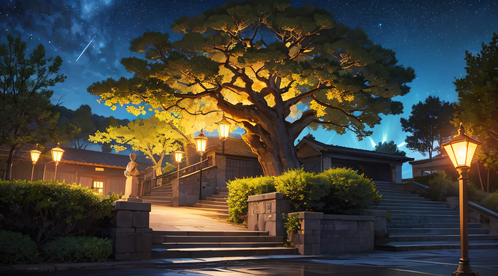 masterpiece、Background with((Fantastic starry sky、meteors、black hole))、Depth((Huge fantastic tree、Luminescent vegetation))、Looking up