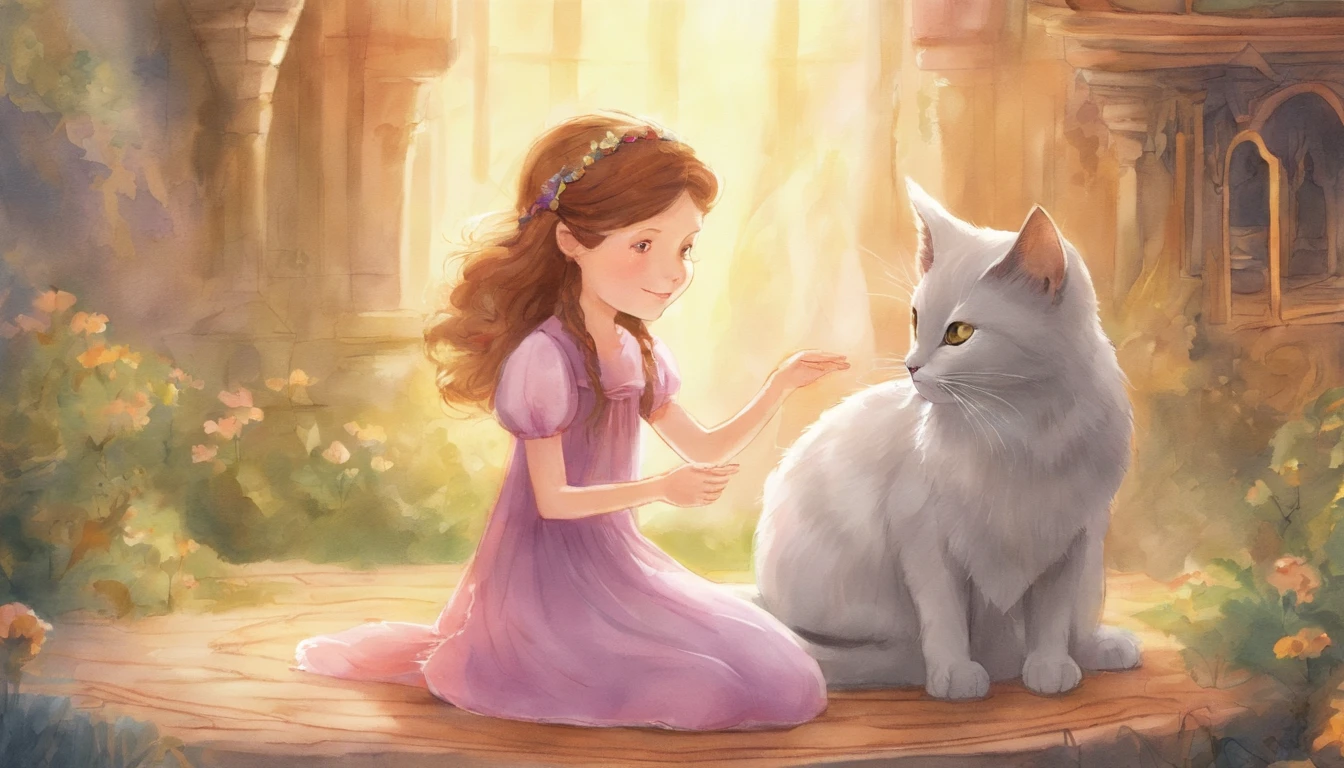 Girl shaking hands with light gray cat's paw in sunny room　ars old girl、I have chestnut hair　Fantastic and happy feelings　watercolor paiting　The overall design is classic.、The color is dark yellow　Picture book illustrations