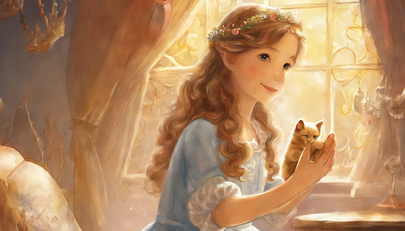 Girl shaking hands with light gray cat's paw in sunny room 10years old girl、I have chestnut hair Fantastic and happy feelings watercolor paiting The overall design is classic.、The color is dark yellow Picture book illustrations
