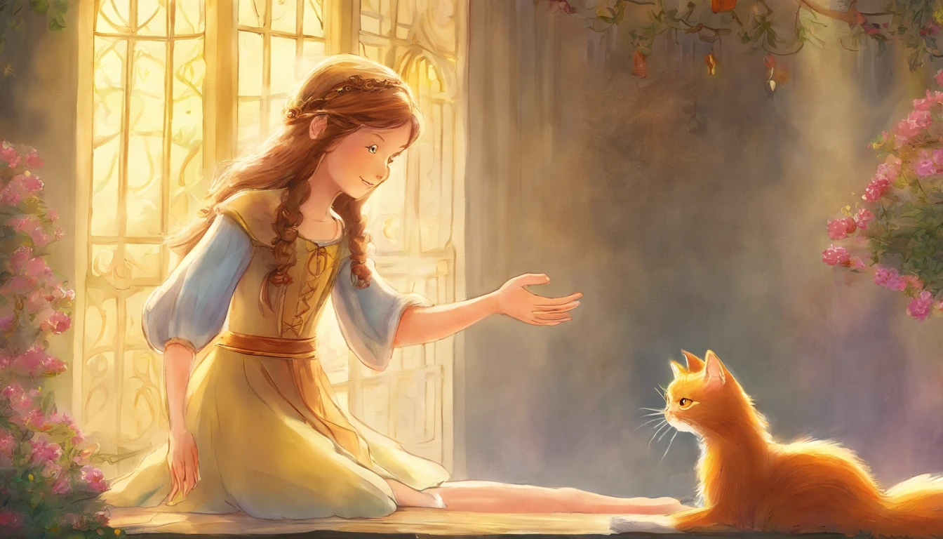 Girl shaking hands with light gray cat's paw in sunny room　10years old girl、I have chestnut hair　Fantastic and happy feelings　watercolor paiting　The overall design is classic.、The color is dark yellow　Picture book illustrations