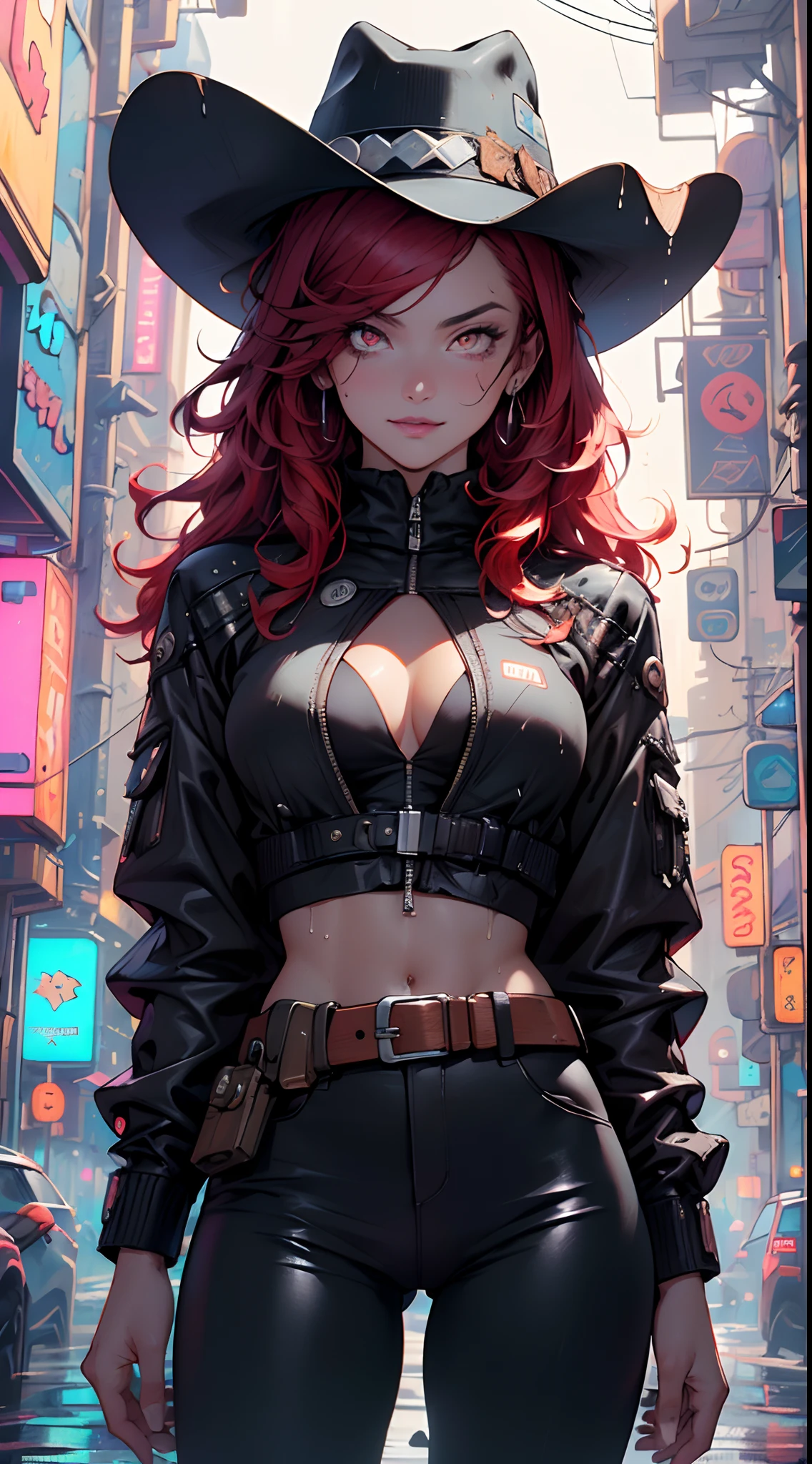 (man:1.5),1 man,cyberpunk gunslinger,(((1man))),((man with messy red hair)),
(((1male,man:1.5,handsome man,male,male gender:1.5,male focus))),macho man,((messy red hair,detailed hair,highly detailed hair,red hair,hair over one eye:1.2,colored inner hair)),(((dark_red_eyes:1.2))),intricate eyes,beautiful detailed eyes,symmetrical eyes,(((lustrous skin:1.5,tanned skin,bright skin: 1.5,skin tanned,shiny skin,very shiny skin,shiny body,illuminated skin))),((man chest)),handsome face,((muscular)),(((detailed face))),
nsfw,
(((bare chest))),dark pants,((bulge in pants)),((gunfighter outfit, (cyberpunk cowboy_hat:1.2))),(wearing a gunfighter outfit:1.3,gunslinger clothes),(cyberpunk gun holster,belt),((wet clothes,intricate outfit,intricate clothes)),
(dynamic pose:1.0),solo focus,((evil smile,evil look)),(centered,scale to fit dimensions,Rule of thirds),
cyberpunk city by the ocean at night, with bright neon signs and dark stormy clouds and puddles, scenery:1.25,nighttime, starry night, cosmos,Very dark night that makes the neon lights stand out, very bright neon lights,
artistic photography,(photography taken by sldr),highres, sharp focus,(ultra detailed, extremely detailed), (photorealistic artwork:1.37),(extremely detailed CG unity 8k wallpaper),((synthwave background theme)),(((vibrant colors))),intricate,(intricate background),(masterpiece),(best quality),perfect rendered face,perfect face details,realistic face,photo realistic,analog style,((intricate detail)),(((realism))),