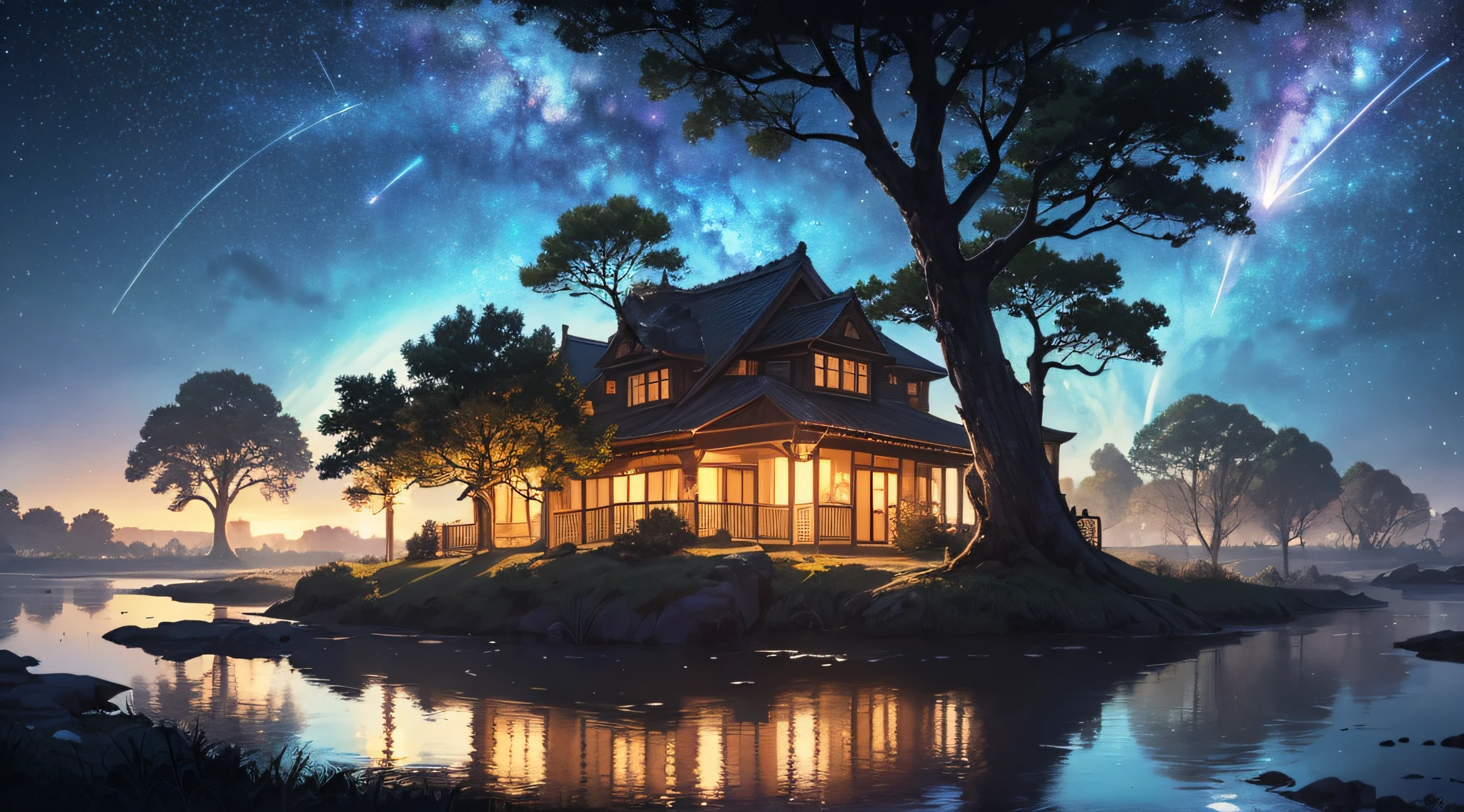 ​masterpiece、Background with((Fantastic starry sky、meteors、black hole))、Depth((Huge fantastic tree、Luminescent vegetation))、Looking up
