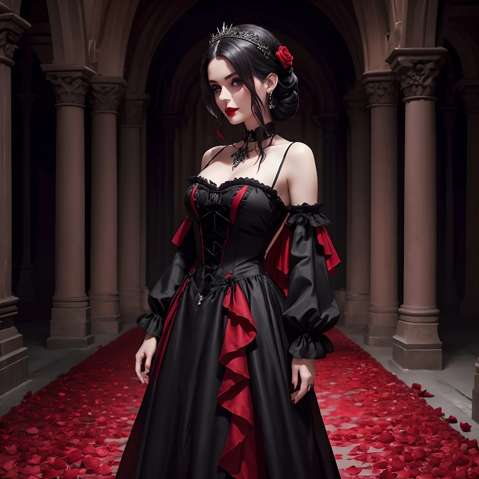 ((master part)), Gothic dress, sangue, Rose petals everywhere, gothic dress, cabelos pretos, red-lips, brincos de ouro antigo, cabelos pretos, Gothic red dress,
